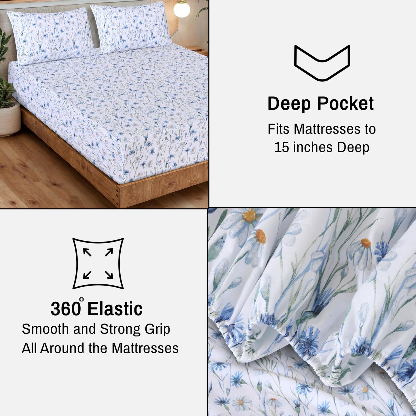 RUVANTI 100% Cotton Organic Percale Sheets Queen Size – Crisp Cooling Bed Sheets for Hot Sleepers, Deep Pocket 15”, Soft Peach Finish, Breathable & Durable Hotel-Style 4 Pcs, Daisy Bud