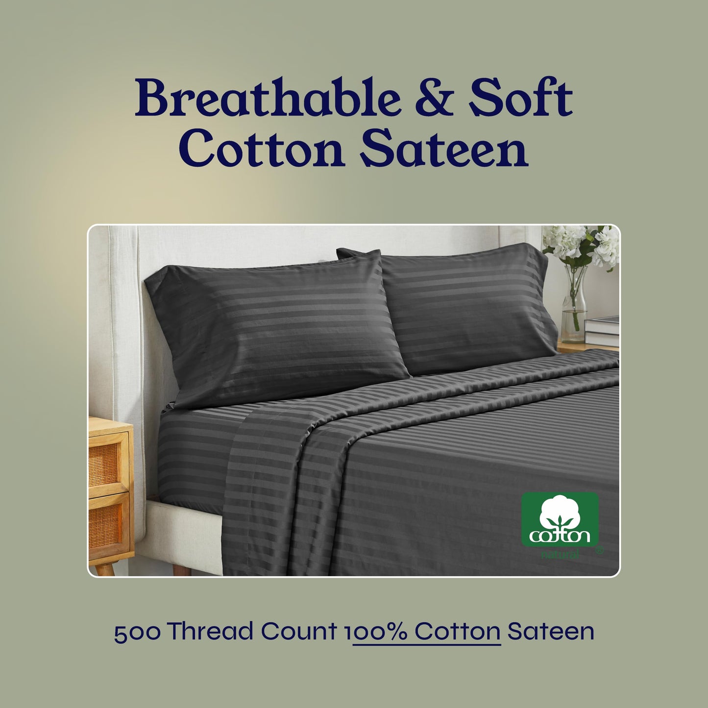 California Design Den 500-Thread-Count Twin Size Sheet Set - 100% Cotton Sateen Weave, 3 Piece Grey Bed Set, Dobby Damask Stripe Comfortable Bed Sheets, Deep Pocket Fits Mattress 15 Inches