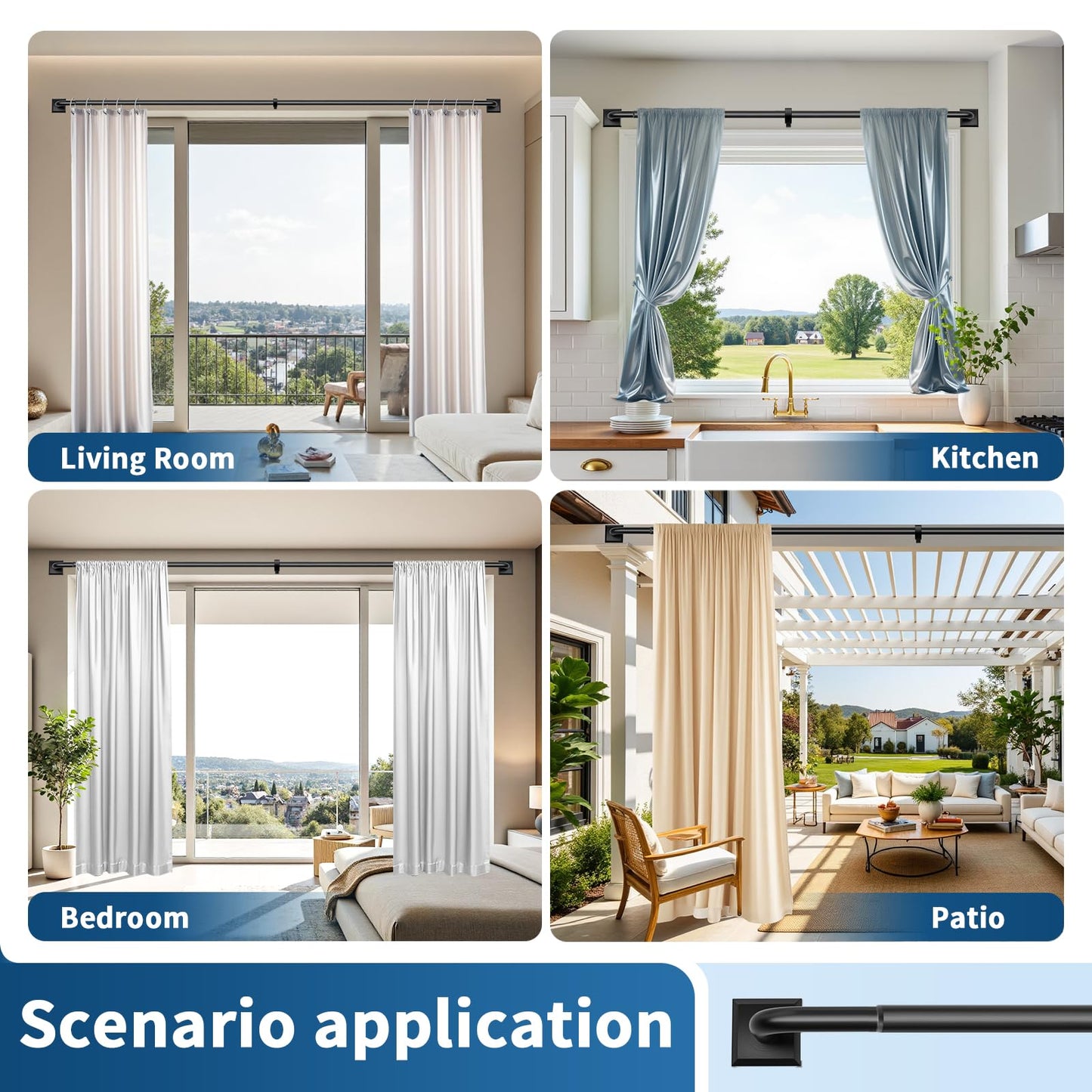 Black Curtain Rods for Windows 66-120Inch(5.5-10ft) Heavy Duty French Return Rod, Wrap Around Blackout Curtain Rods, Long Adjustable Room Darkening Drapery Rod for Bedroom, Living Room Outdoor Patio