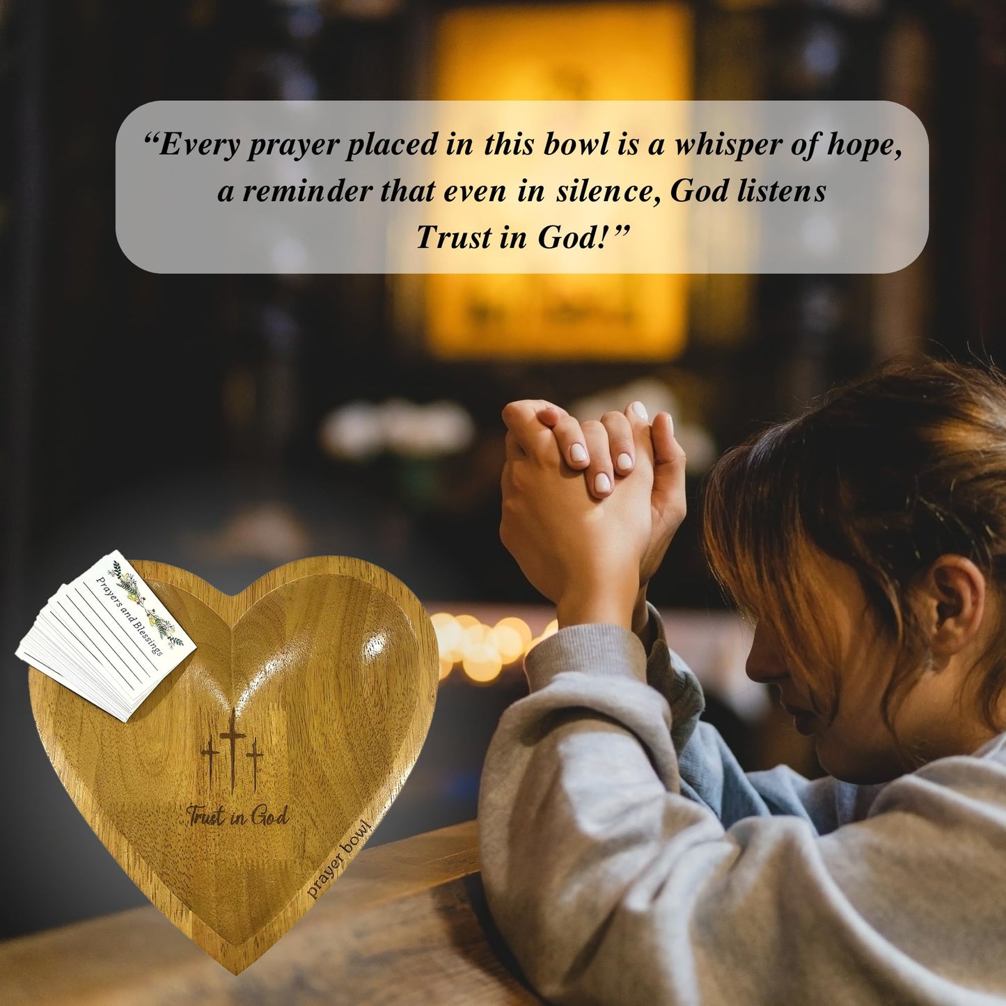 Prayer Bowl Wooden Trust In God - Christian Gifts for Mothers day, Wedding, Confirmation, Housewarming - Hostess Gift Ideas - Easter Prayer Room Decor - Heart Decorative Bowl 9" with 52 Scripture Card