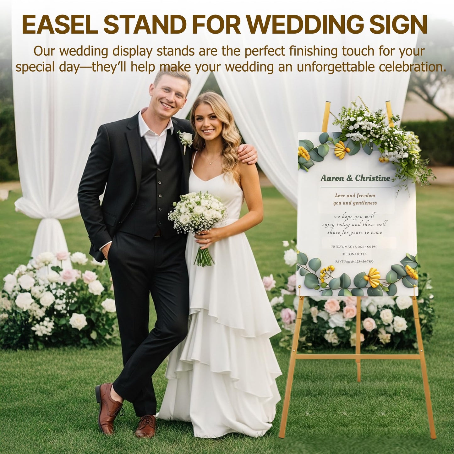 57.5" Gold Easel Stand for Sign, Wedding Sign Stand for Display, Assembly Required, 4 Adjustable Height Levels Heavy Duty Metal Display Stand Floor Standing Easels for Art, Paintings, Pictures