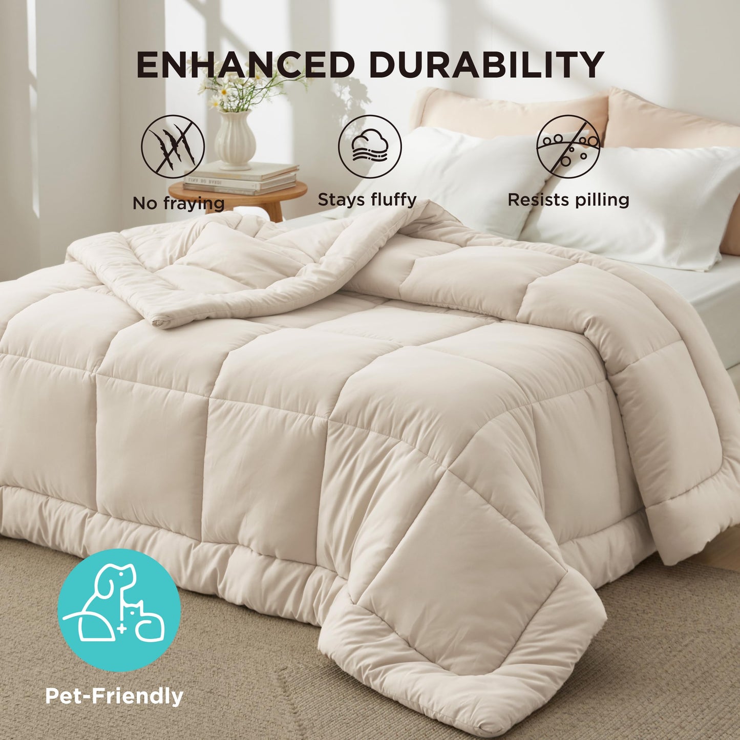Bedsure Comforter Duvet Insert - Quilted Comforters Queen Plus Size, All Season Duvet, GentleSoft Down Alternative Bedding Blanket, with 8 Tabs, Gifts for Women/Men,Linen,Queen Plus 90 x 90 Inches
