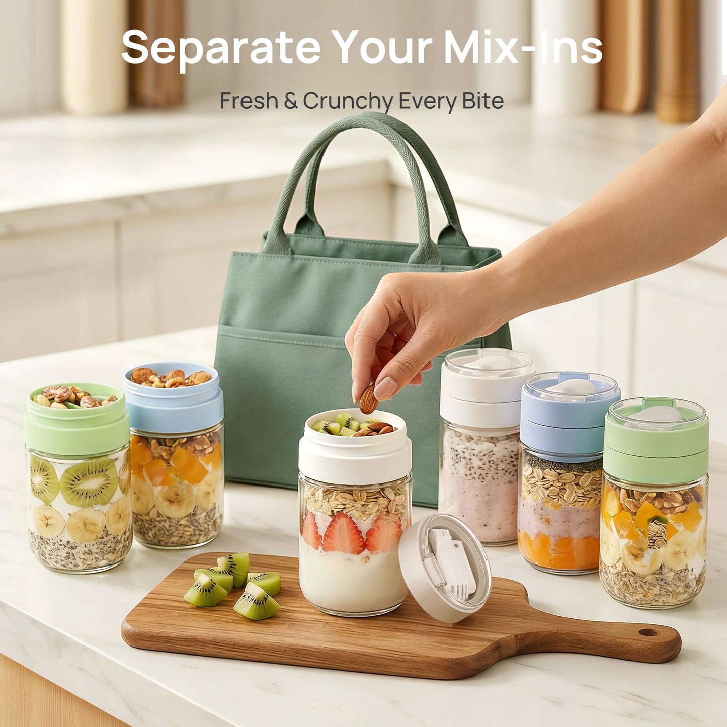 Vtopmart 6 Pack 16 oz Overnight Oats Containers with Lids, Folding Spoons and Divided Compartments, Airtight Leakproof, Glass Jars for Overnight Oats, Yogurt, Fruit, Chia Pudding, Meal Prep