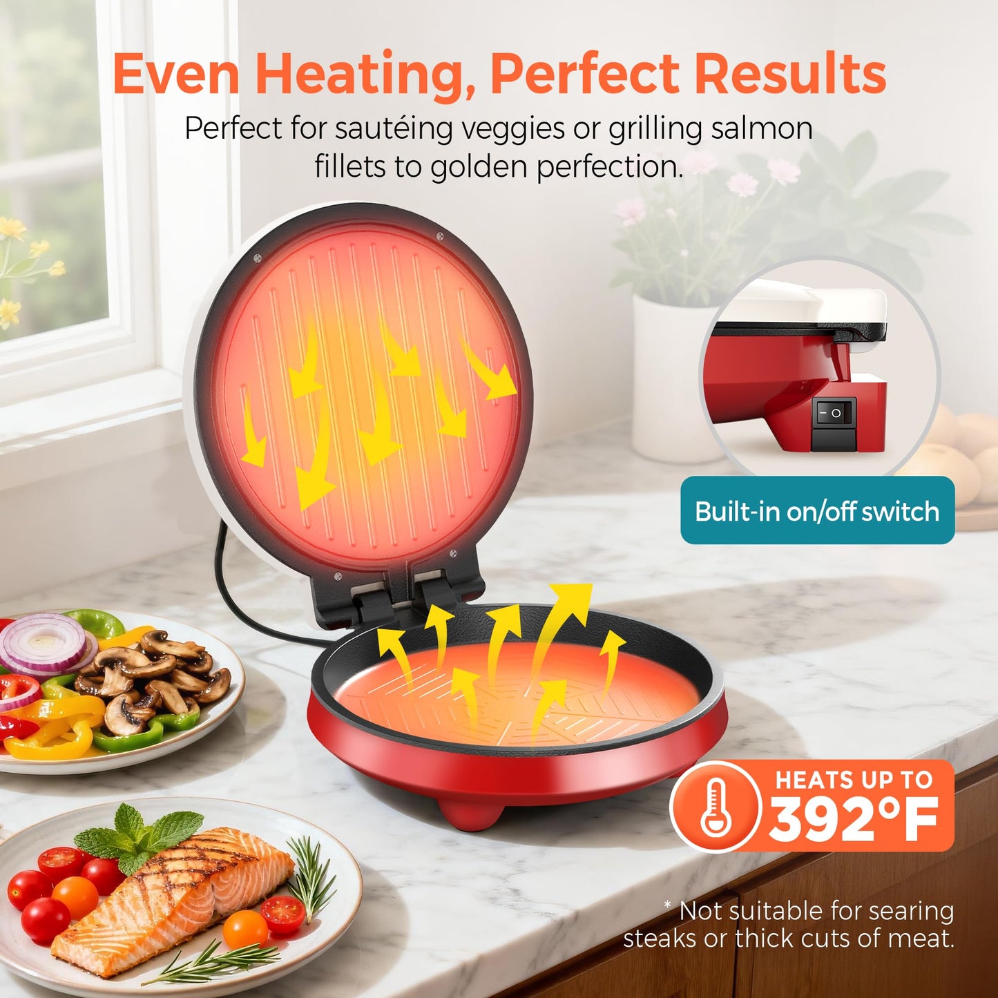 3-in-1 Electric Griddle & Sandwich Maker - CACHOO 8" Nonstick Round Griddle and Panini Press with On/Off Switch, 180° Open Design, Perfect for Pancakes, Omelettes, Quesadillas, Veggies (Red/Beige)
