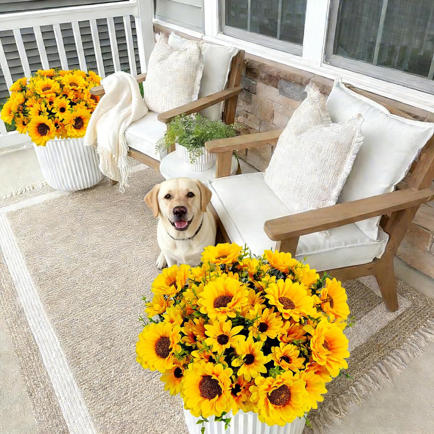 FOUSUKA Artificial Sunflowers for Outdoors, 10 Bundles Fake Silk Sunflowers with Eucalyptus Leaves UV Resistant for Home Outside Front Door Porch Planters Garden Balcony Yard Patio Wedding Party Decor