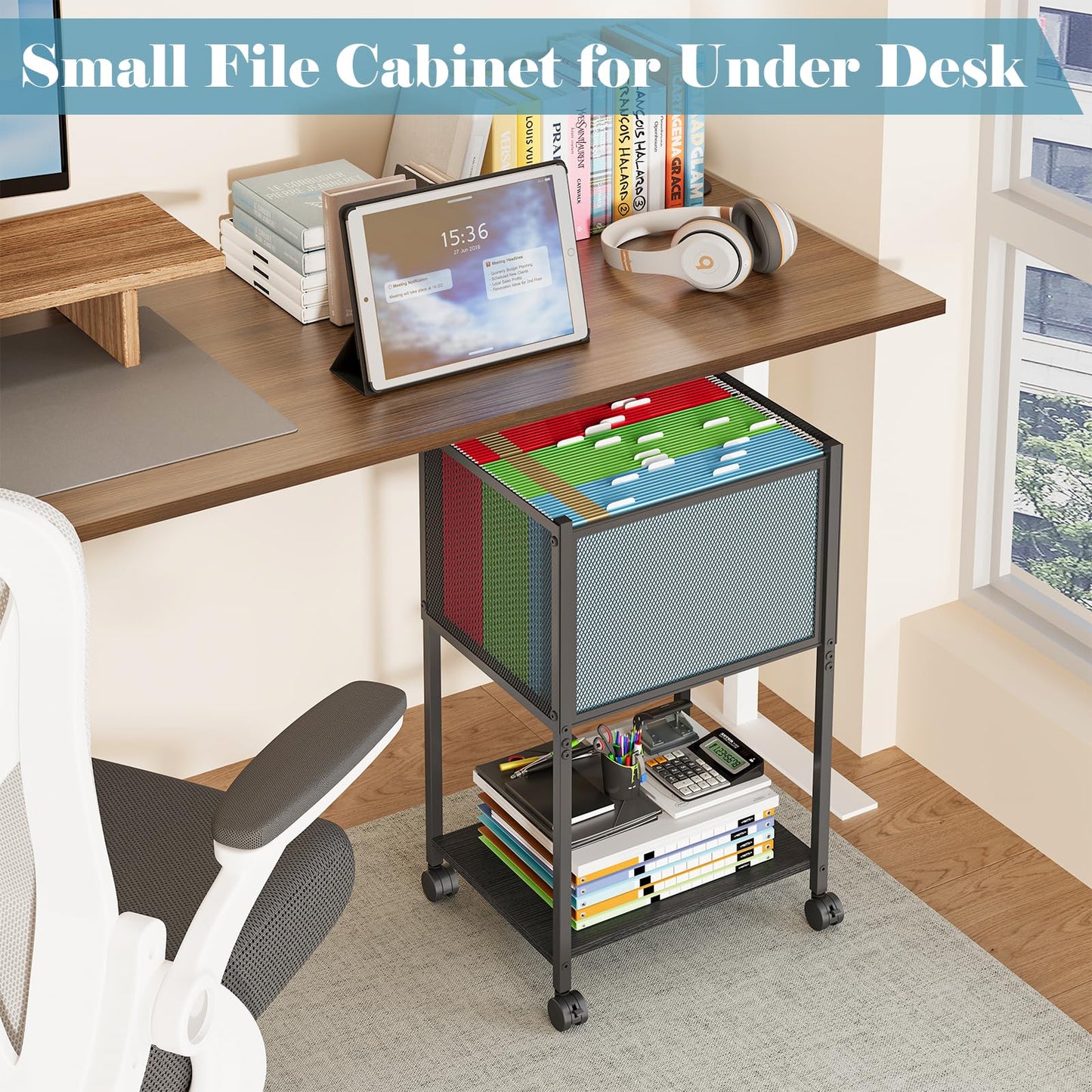 Sbanmao Letter/Legal Rolling File Cart, Narrow Mobile File Cabinet with Wheels Hanging Files, Metal Hanging File Folder Cart File Organizer Under Desk Storage for Home Office, Black