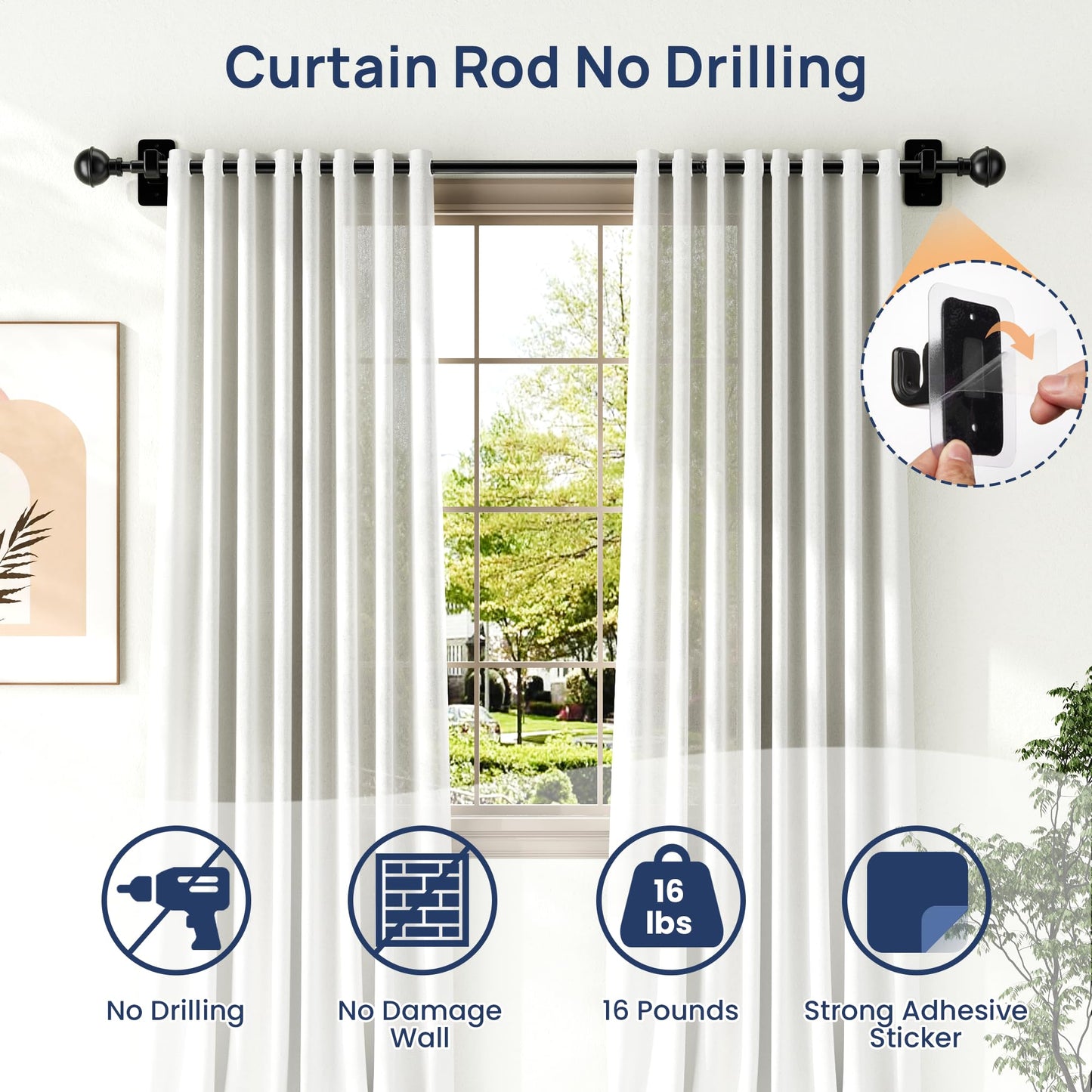 ENJOYBASICS No Drill Curtain Rods for Window 66 to 120 Inches, 5/8 Inch Diameter Renter Friendly Drapery Rod with Adhesive Brackets without Drilling, Adjustable from 27 to 130 Inches, Black