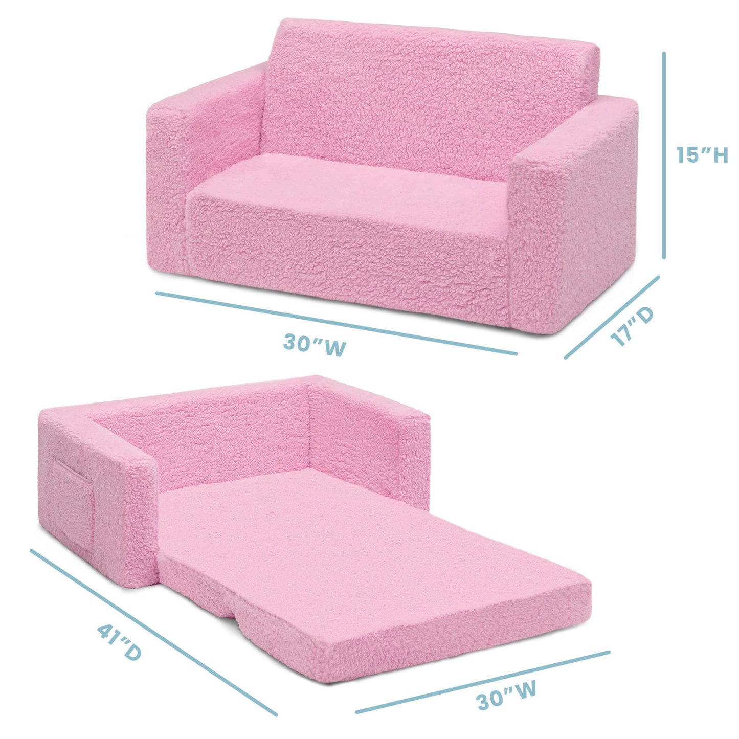 Delta Children Cozee Flip-Out Sherpa 2-in-1 Convertible Sofa to Lounger for Kids, Pink