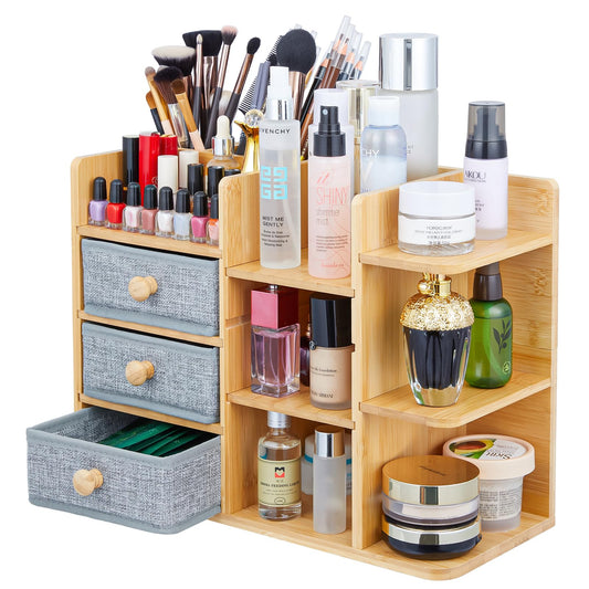 Makeup Organizer Countertop, Cosmetic Skincare Organizers With 3 Makeup Brush Holders/3 Drawers/7 Storage Shelves, Elegant Bamboo Make Up Storage Organizers Holder For Counter Vanity Dresser Bathroom