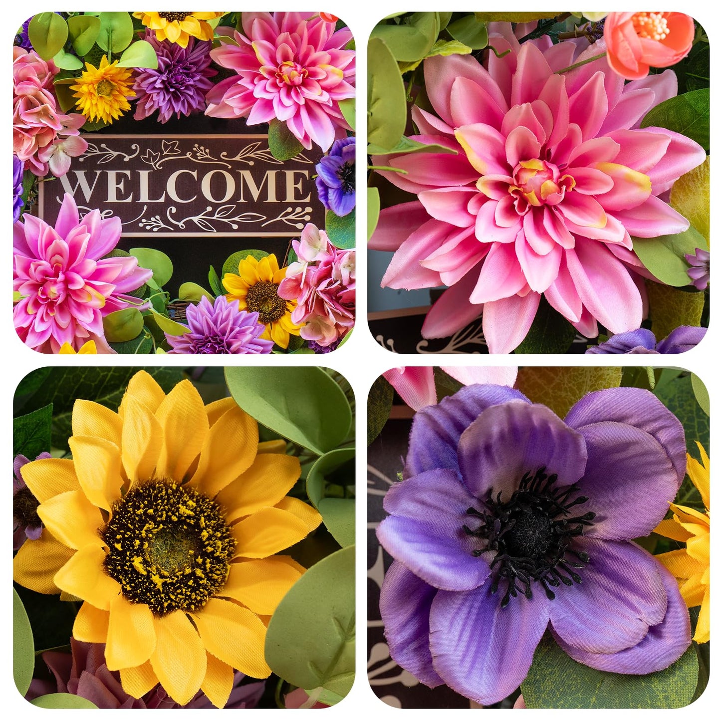 Spring and Summer Wreaths for Front Door 24 Inch Summer Wreath with Lifelike Sunflower,Pink and Purple Dahlia Spring Door Wreath with Welcome Sign,Outdoor Decor