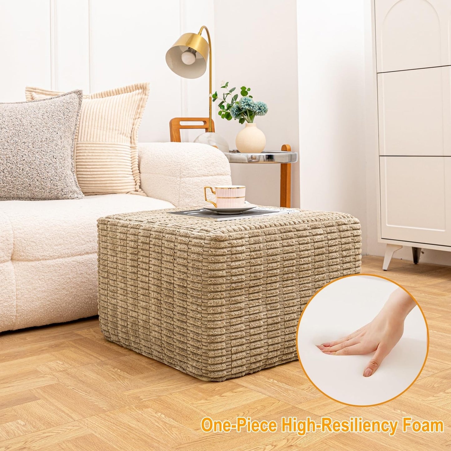 Asuprui Round Square Pouf Ottoman Foot Rest – Lightweight Modern Footstool with Plush Foam Filling, Perfect for Living Room Decor & Cozy Comfort – 20x20x14 Inch Chic Accent Piece (Light Coffee)
