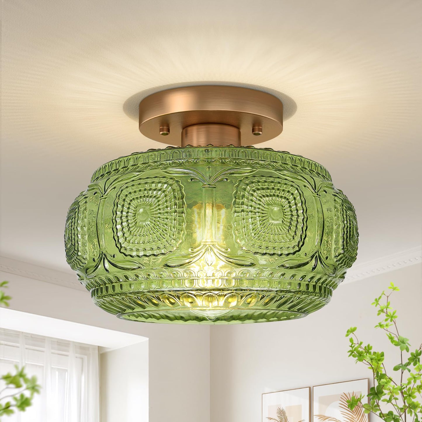 OYKYOHEI Semi Flush Mount Ceiling Light, Green Globe Glass Ceiling Light Fixture, Art Deco Kitchen Lighting fixtures Ceiling for Hallway Porch Corridor Bedroom, Bulb Not Included