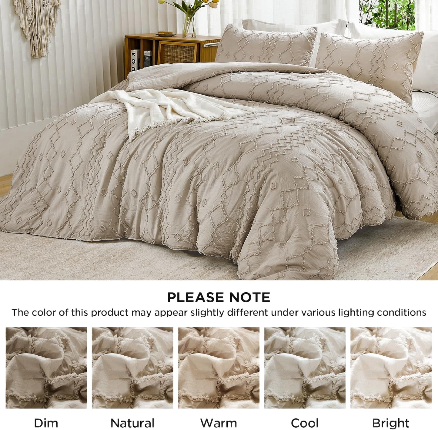 Andency Comforter King Size Set Khaki, 3 Pieces Boho Tufted Fall Bedding Comforters & Sets for King Bed, Soft Fluffy Tan Bed Set (104x90In Comforter & 2 Pillowcases)