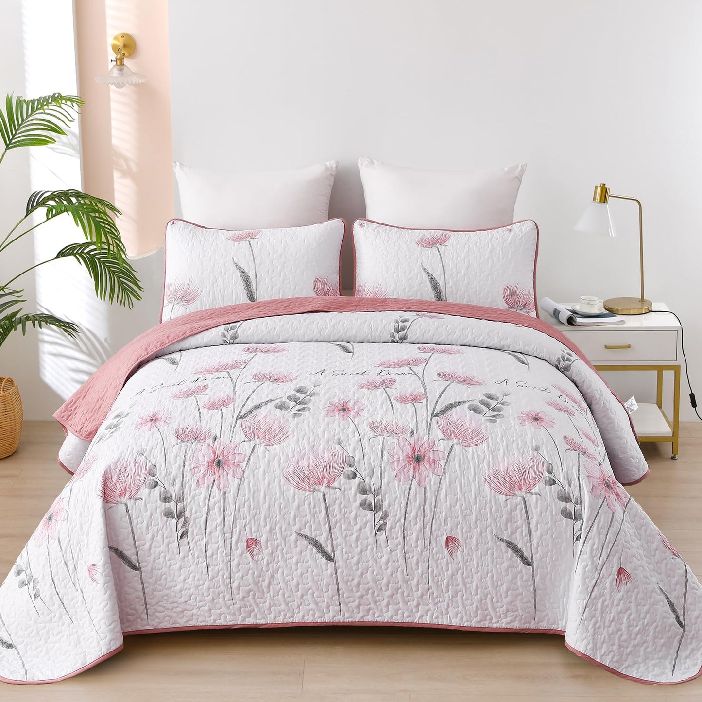 Dinjoy Floral Quilt Set Queen,Pink Bedspread Queen Size 3 Pieces Lightweight Farmhouse Bedding Set Cute Quilts Soft Flower Bedspreads White Coverlet Sets for Girls Women Fall