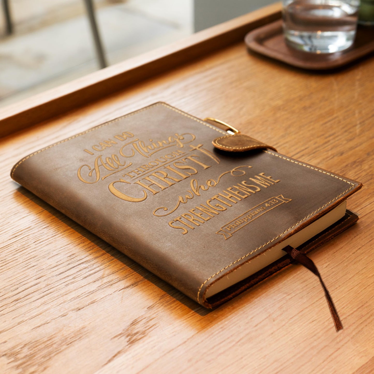Sovereign-Gear Religious Refillable Leather Journal - Handmade A5 Writing Notebook with Pen - Philippians 4:13 “I Can Do All Things” Embossed Diary with 2 Lined Inserts & Pen Holder - 480 Pages