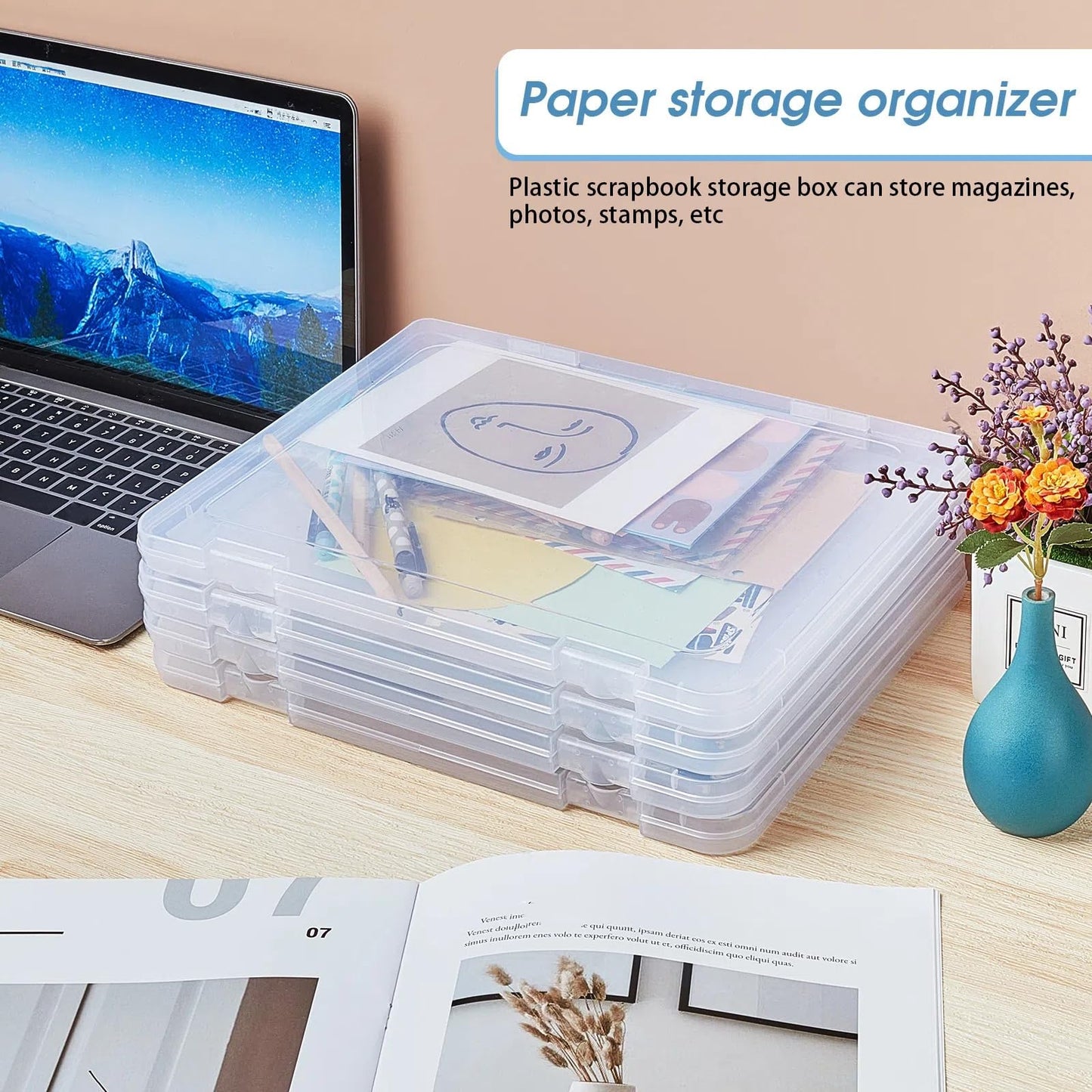 Gueevin 8 Pcs Clear A4 File Organizer Box, Plastic Document Storage Case with Snap Closure and Handle, Flat Paper Organizer for Magazine, Scrapbook and Board Games, 12.2 x 9.06 x 0.79 Inch