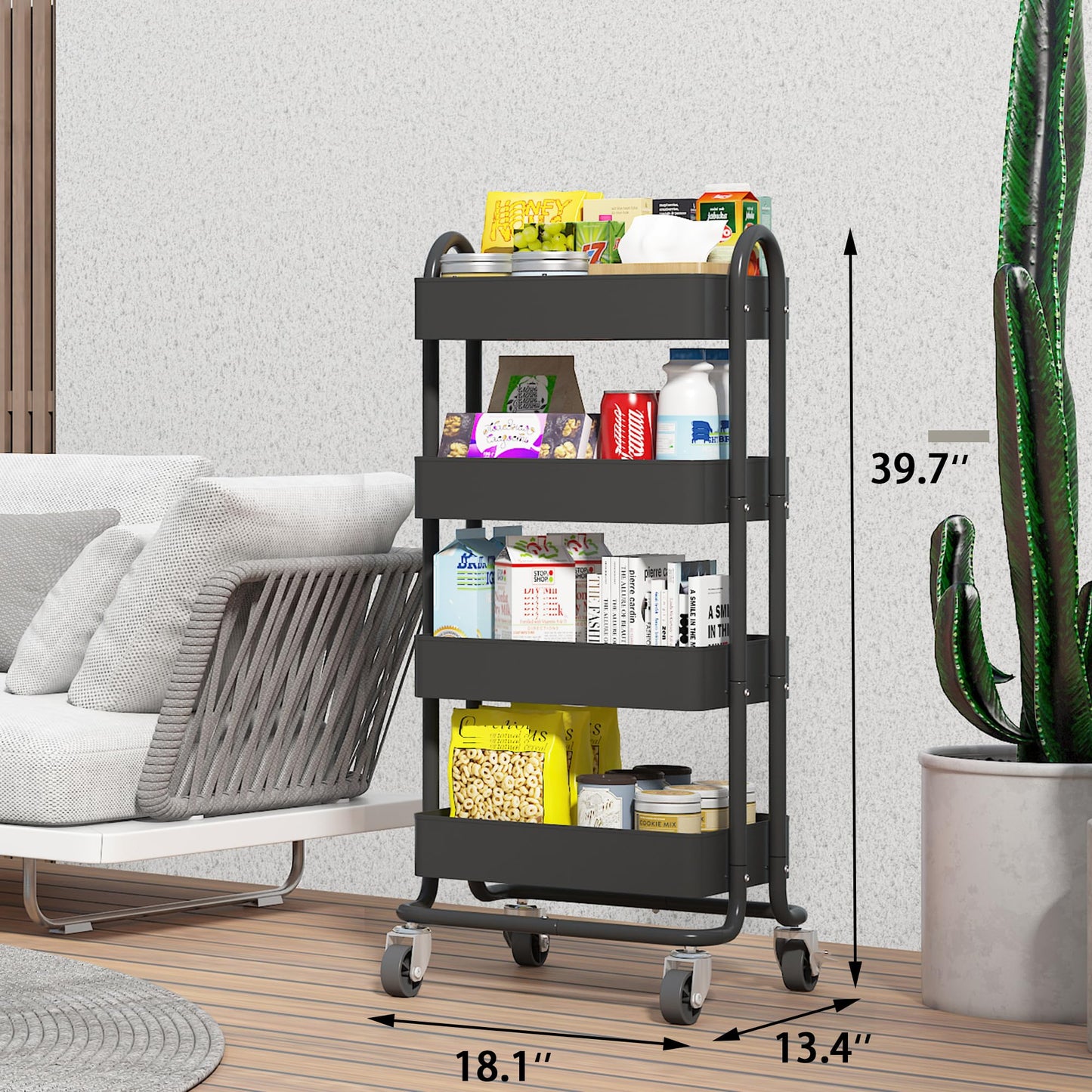 Elitehouse 4-Tier Metal Rolling Cart with Wheels,4 Tier Utility Cart with Wheels for Office,Home,Kitchen,Garden（13.4"x18.1"x40"） Black
