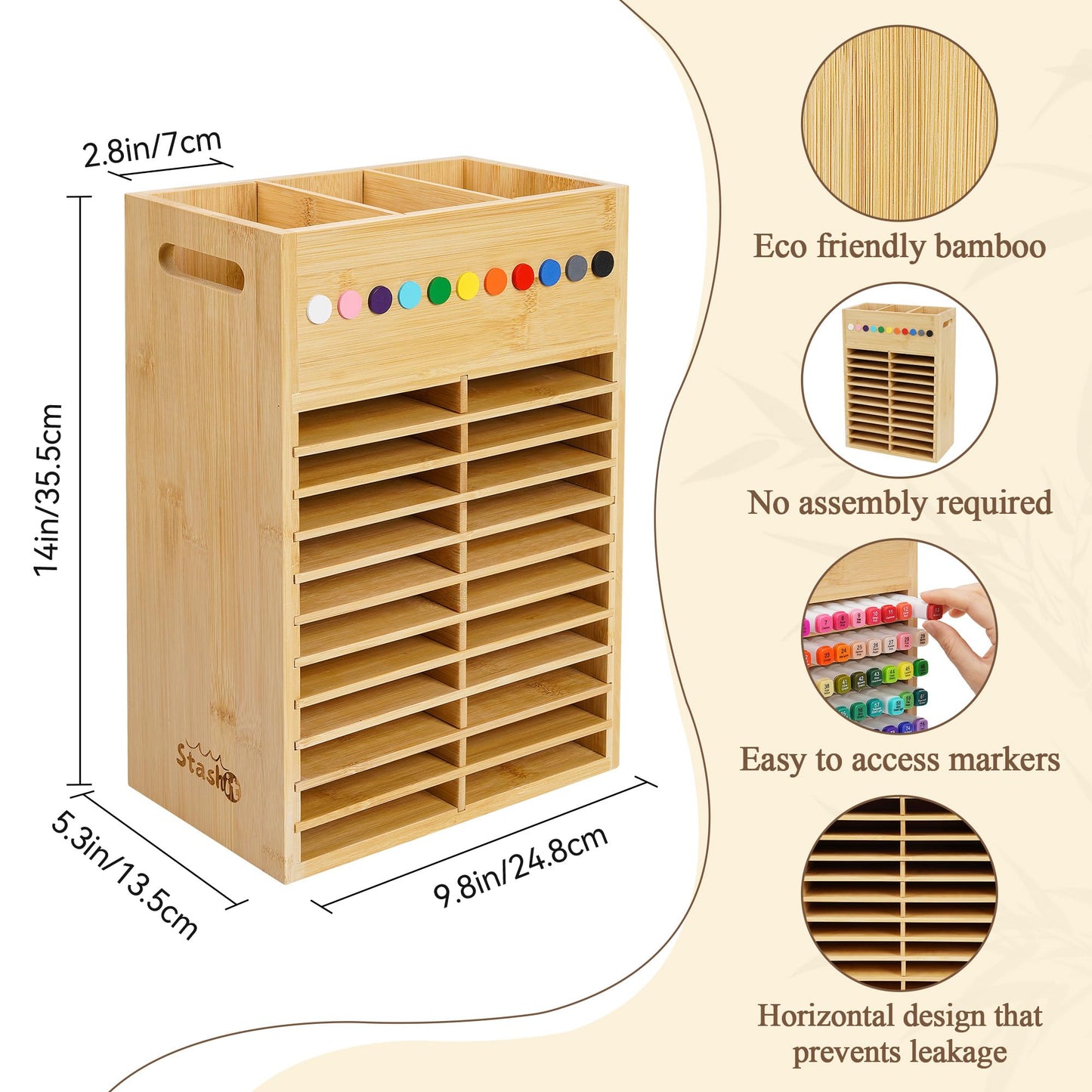 Marker Organizer for Desk - 154 Capacity Wooden Marker Holder - Ergonomic Handles - Additional Art Supply Storage Rack for 130 Alcohol Markers, Pens, and Pencils - Desktop Stand for Markers - Bamboo