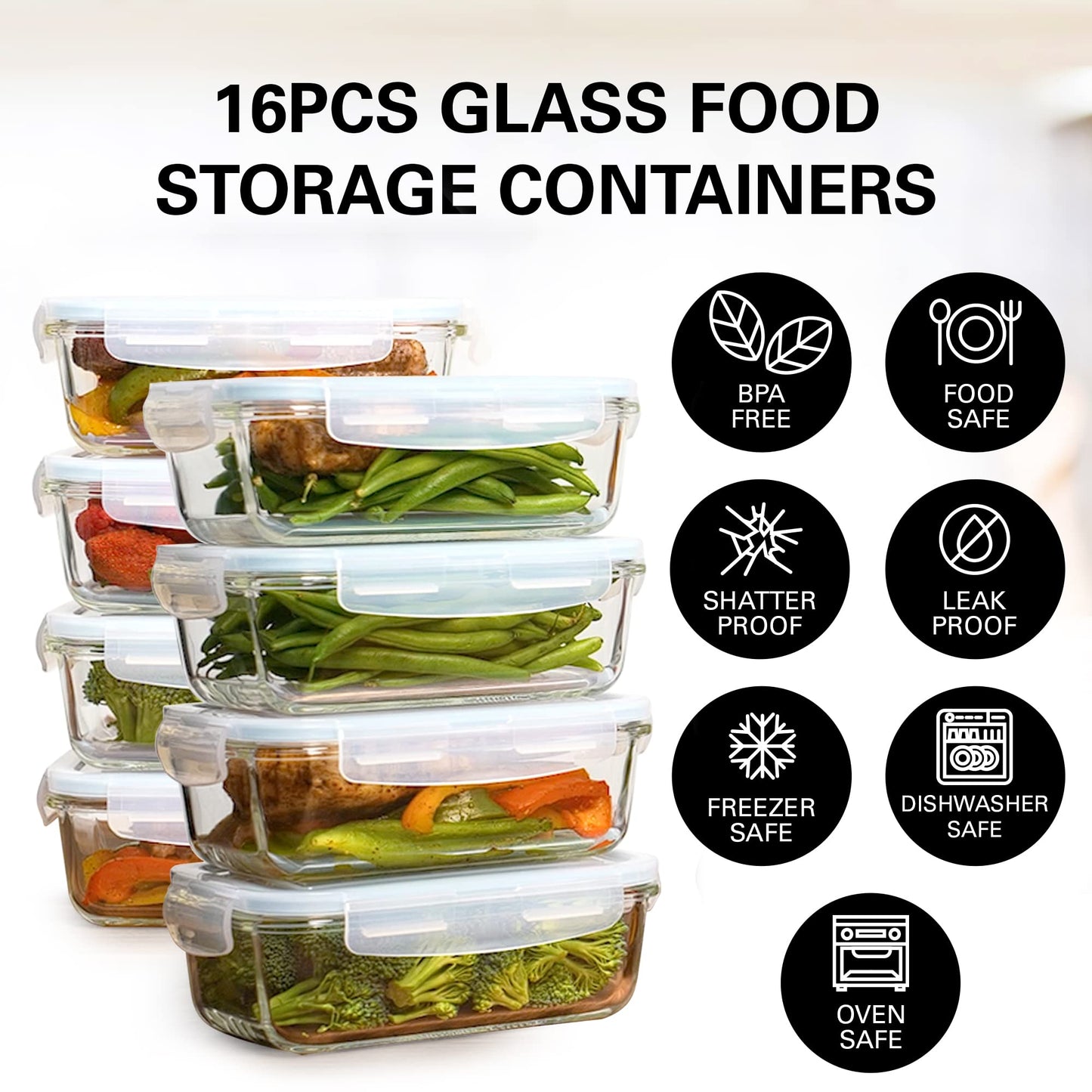 Razab 16 Pc (Set of 8) 30 Oz Glass Meal Prep Containers with Lids, Airtight Large Glass Food Storage Containers, Reusable Leak Proof BPA Free, Freezer to Oven and Dishwasher Safe