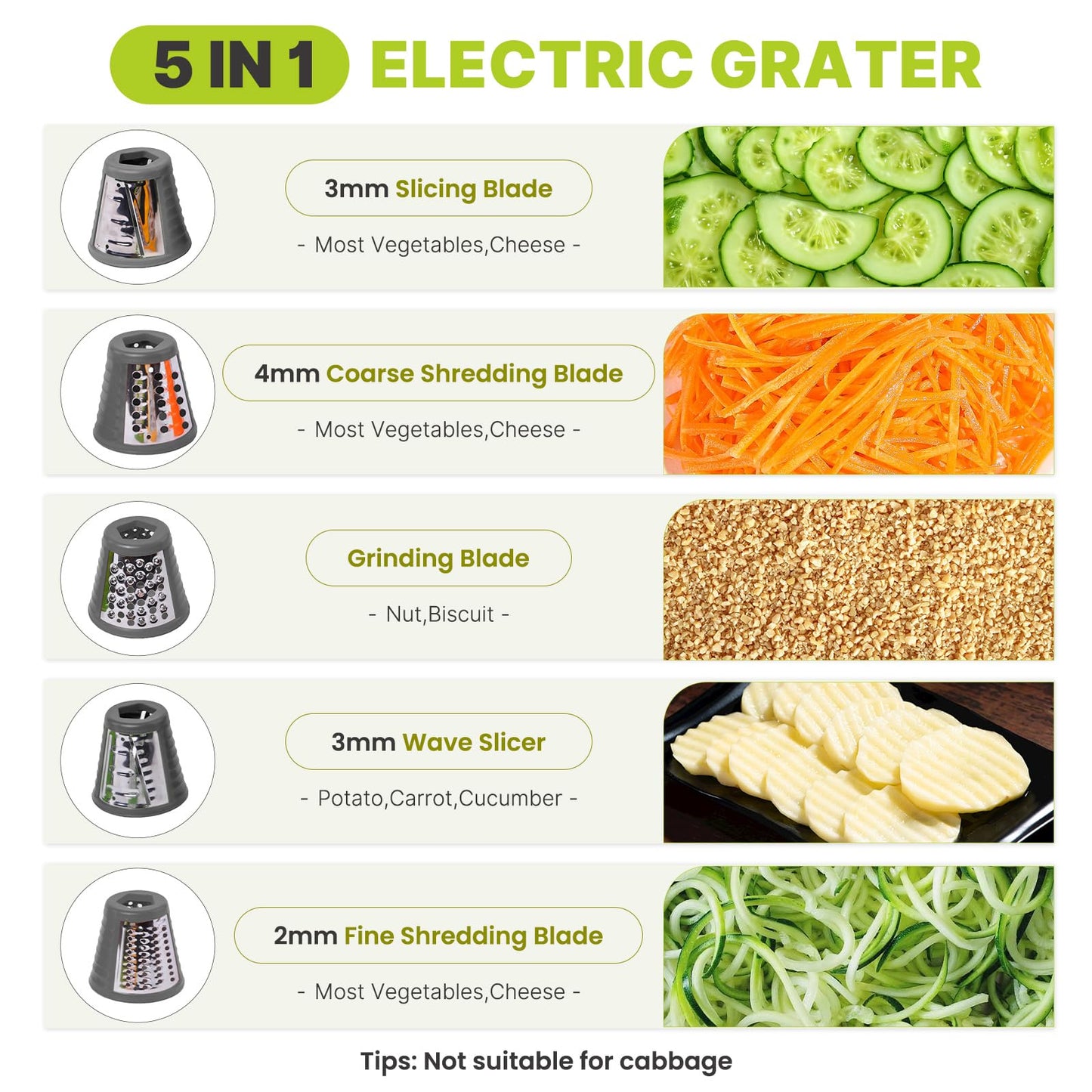 Mokero 5 in 1 Electric Cheese Grater for Block Cheese, Kitchen Automatic Cheese Shredder & Salad Shooter, Easy to Clean Vegetable Chopper for Cheese,Cucumber, Potato, Carrots, Nut