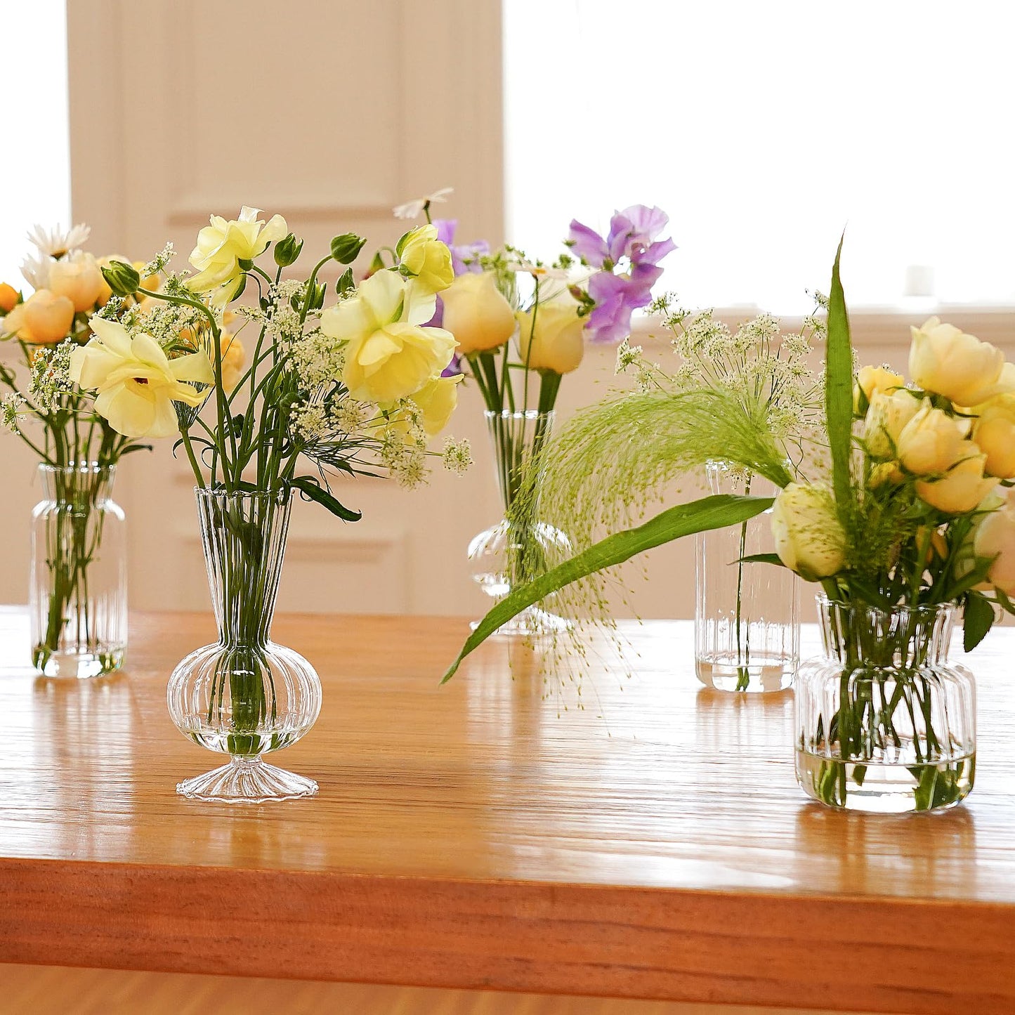 12 Pcs Ribbed Glass Bud Vases Set, 4 Styles Clear Small Flower Vases in Bulk, Roman Column Vertical Ribbed Design for Wedding, Home Decor, Table Centerpieces, Party