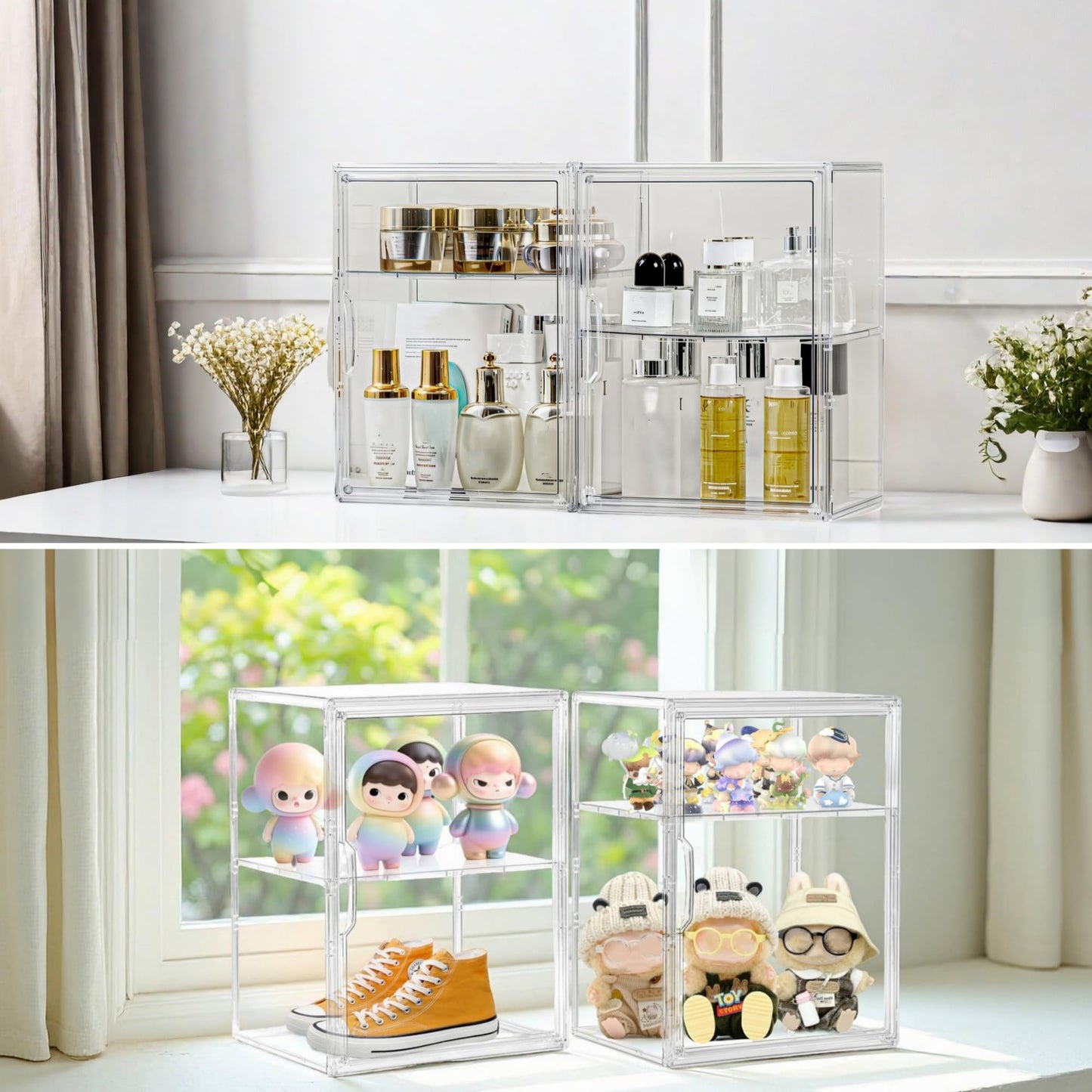 Attelite Acrylic Display Case for Collectibles, Clear Storage Bin with 3 Adjustable Layers, Stackable Storage Box with Magnetic Door for Figures, Home Office,Large,2 Tier Clear Storage Bin,2Pack