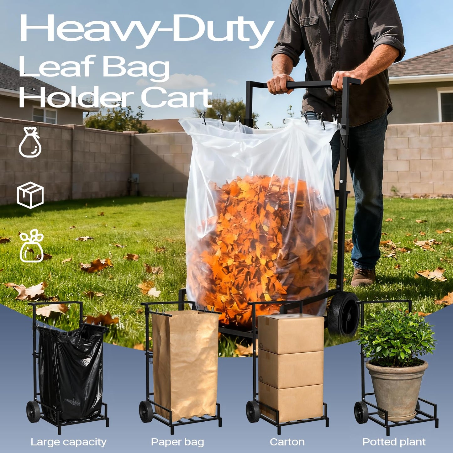 2-in-1 Leaf Bag Holder Cart & Hand Truck Dolly, Heavy Duty Garden Trash Bag Stand with 7" All-Terrain Wheels, 200lbs Capacity, Anti-Loss Clips & Utility Basket for Yard Work, Moving, Camping