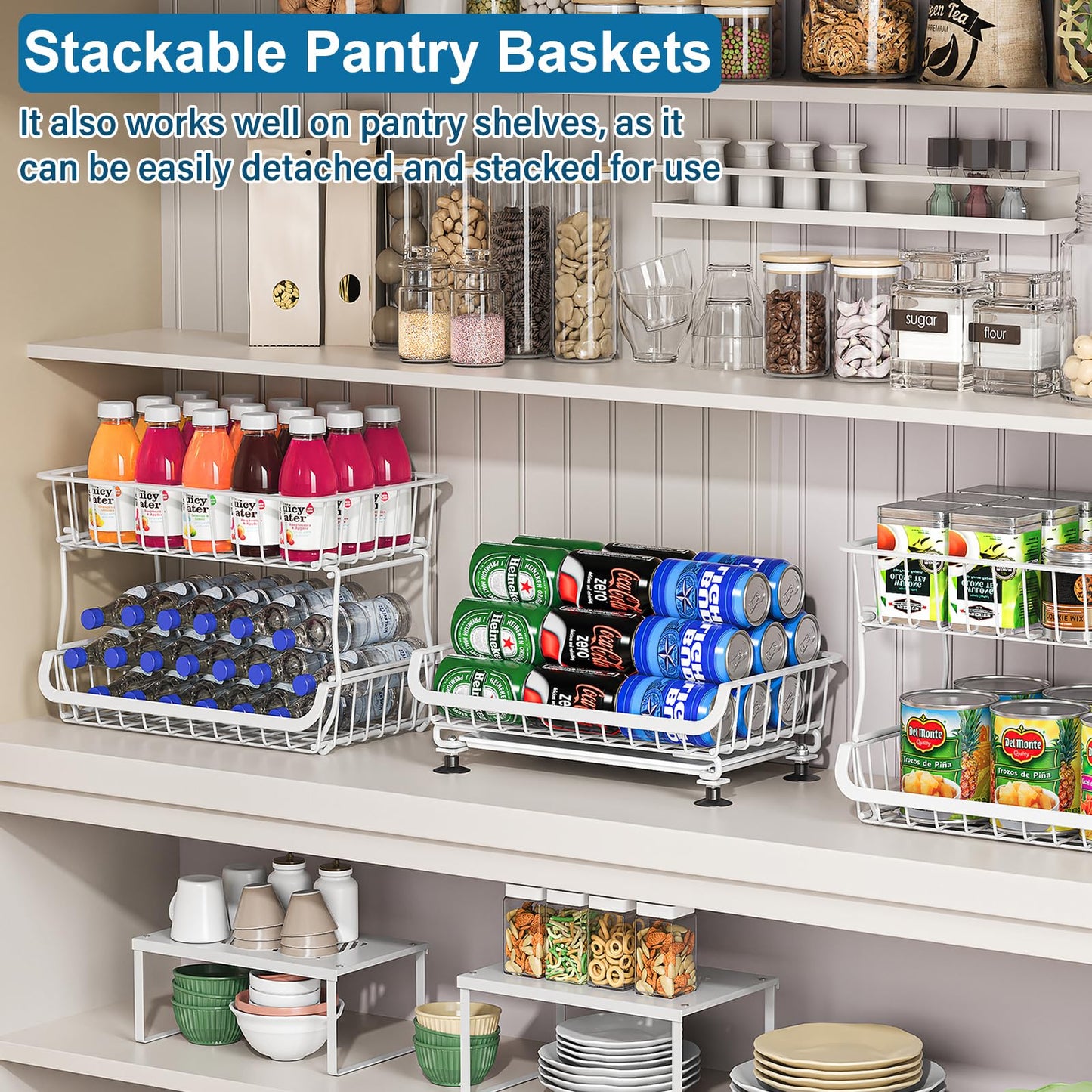 OKZEST 3-Tier Rolling Pantry Floor Organizer and Storage Cart with Wheels, Stackable Wire Pantry Baskets for Pantry Shelves, Kitchen Storage Rack and Fruit Basket Stand for Fruit Snack Onion Potato