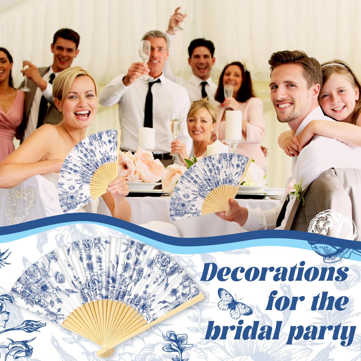 Vercraft 50 Sets Folding Hand Fans with Organza Bags Bulk, Paper Fans for Wedding Guests, Bridal Shower Party Favors, Summer Handheld Bamboo Fan Bridesmaid Gifts (Blue Floral)