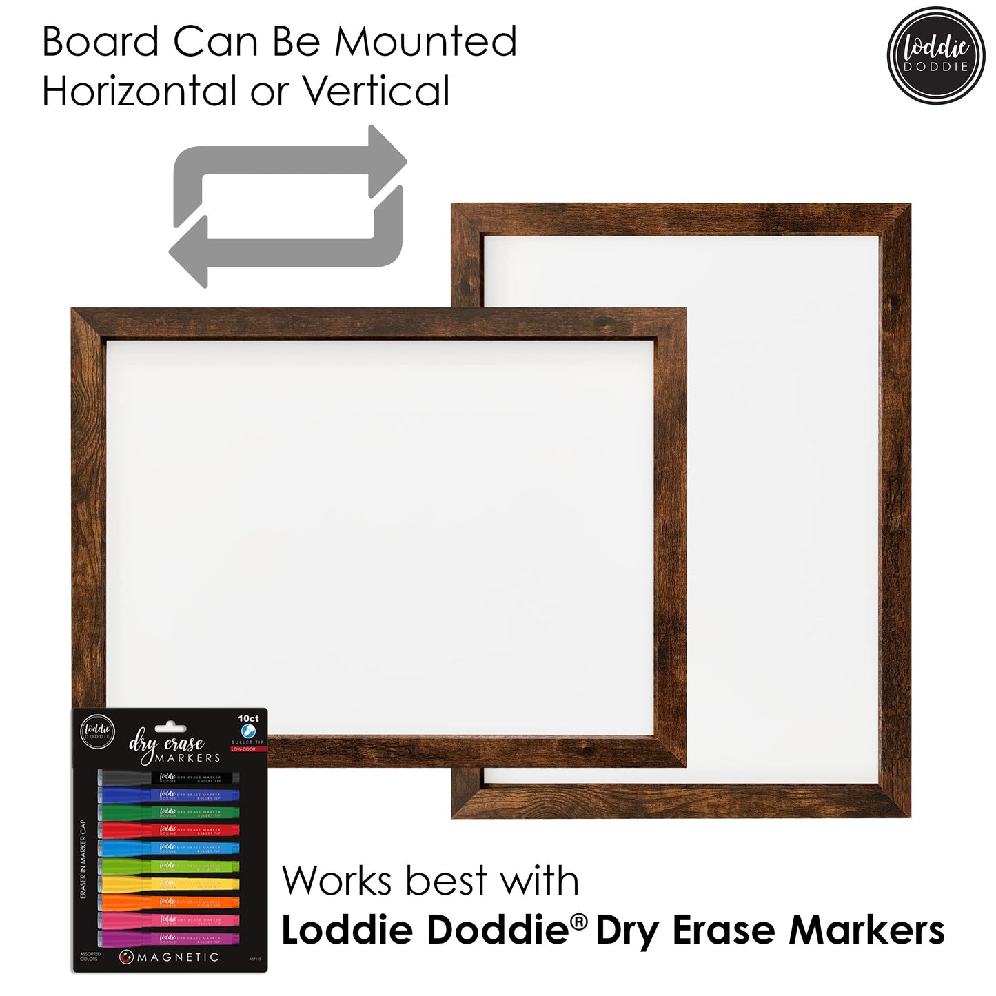 Loddie Doddie Magnetic Dry Erase Board for Wall - 18 x 24 in, Rustic Frame - Easy-Clean Whiteboard Surface - Built-in Marker Tray & Whiteboard Accessories - Magnet Board for Notes & Photos