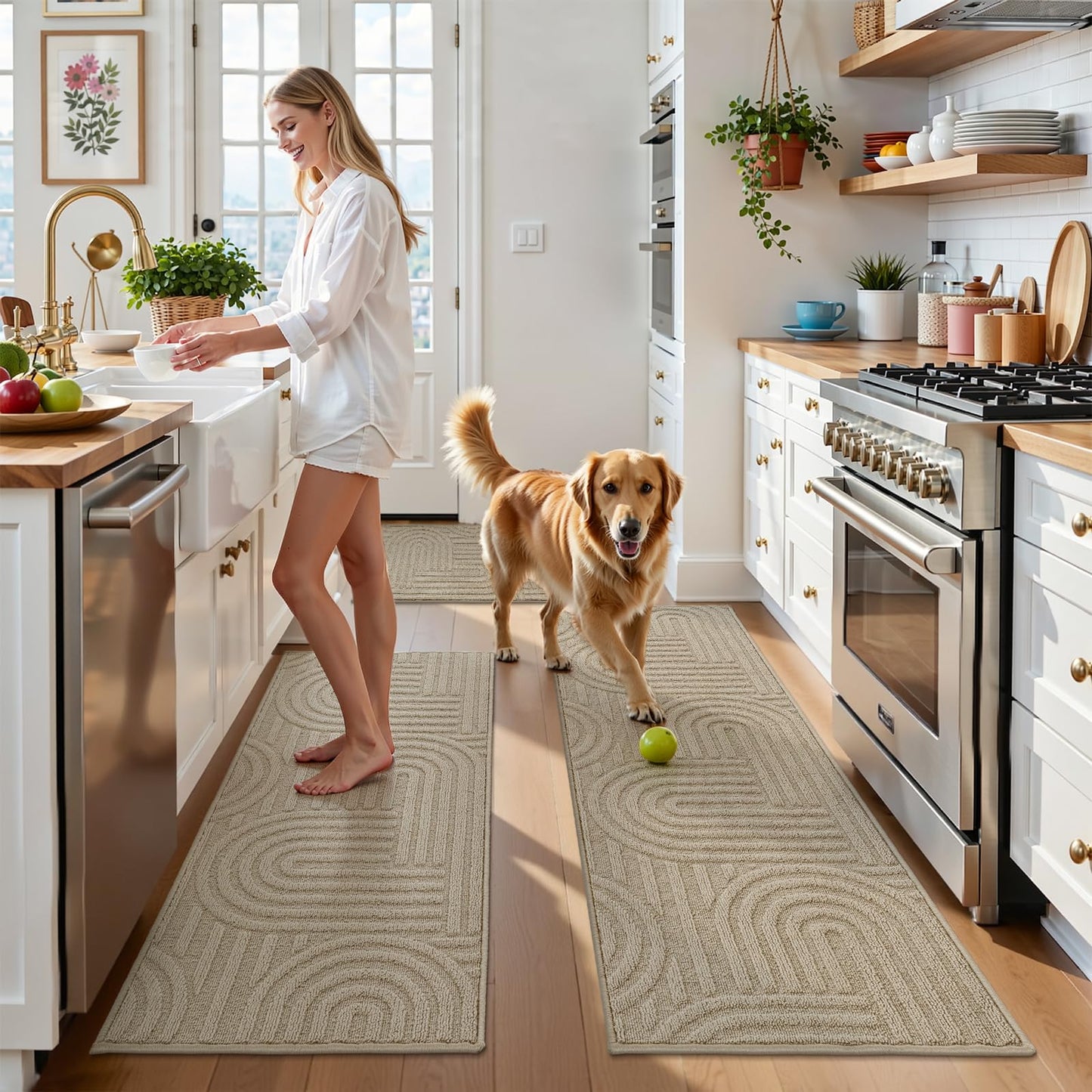 U'Artlines Kitchen Rugs and Mats Set of 3, Non Skid Washable Beige Geometric Kitchen Mats for Floor, Absorbent and Stain Resistant Floor Mat for Laundry, Sink Decor 20x32+20x48+20x59