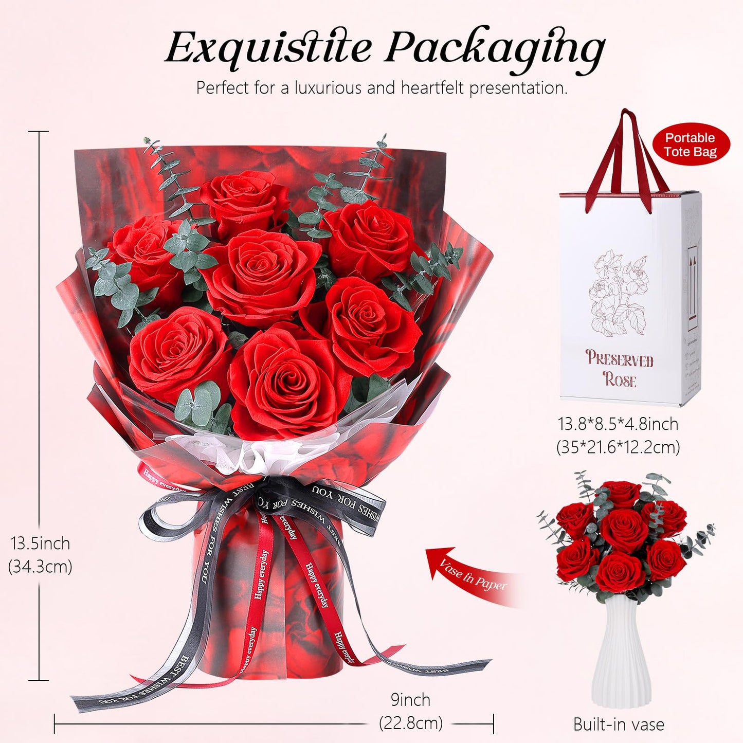 Preserved Flowers Bouquet 7 Roses - Red Real Rose & Flowers for Delivery, Eternal Roses Bouquet with Gift Box, Mothers Day Gifts for Mom Grandma Wife, Anniversary Birthday Gifts for Women