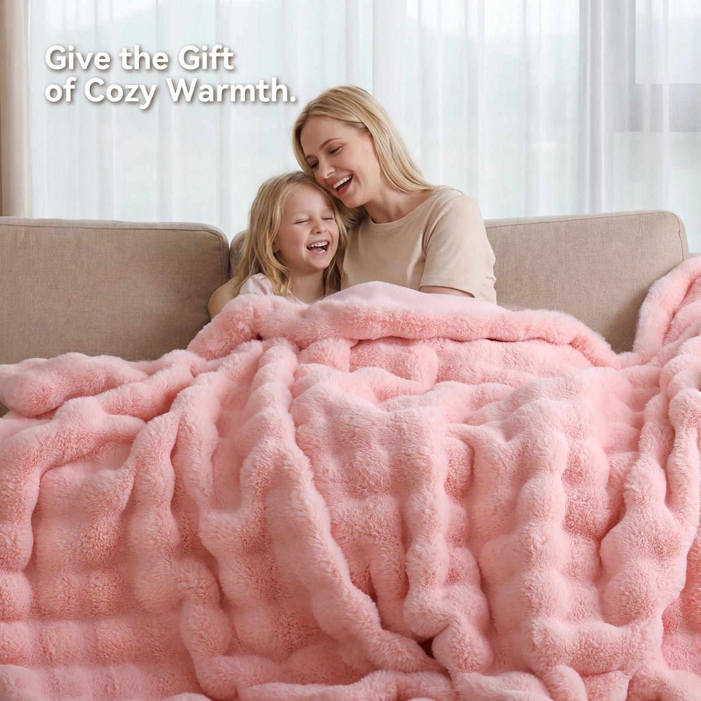 Smoofy Faux Fur Throw Blanket for Couch - Blush Pink Super Soft Cozy Bubble Blanket, Fluffy Plush Fuzzy Throw for Sofa & Bed, Thick Lightweight Warm Blanket, Luxury Aesthetic Gift for Women 60"x80"