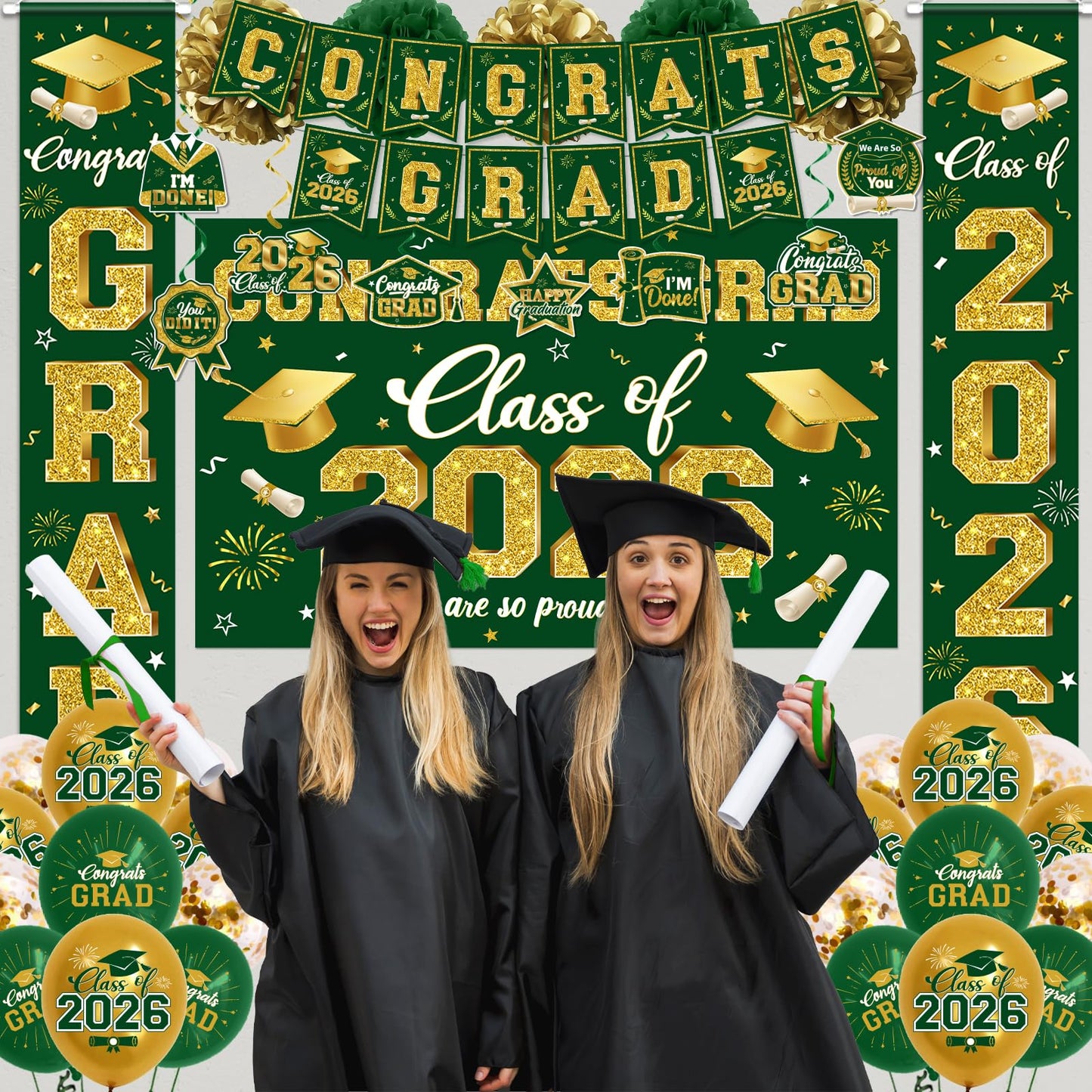 2026 Graduation Decorations - Green Congrats Grad Party Supplies include Card Box, Backdrop, Banner and Balloons for Class of 2026 Decorations Set