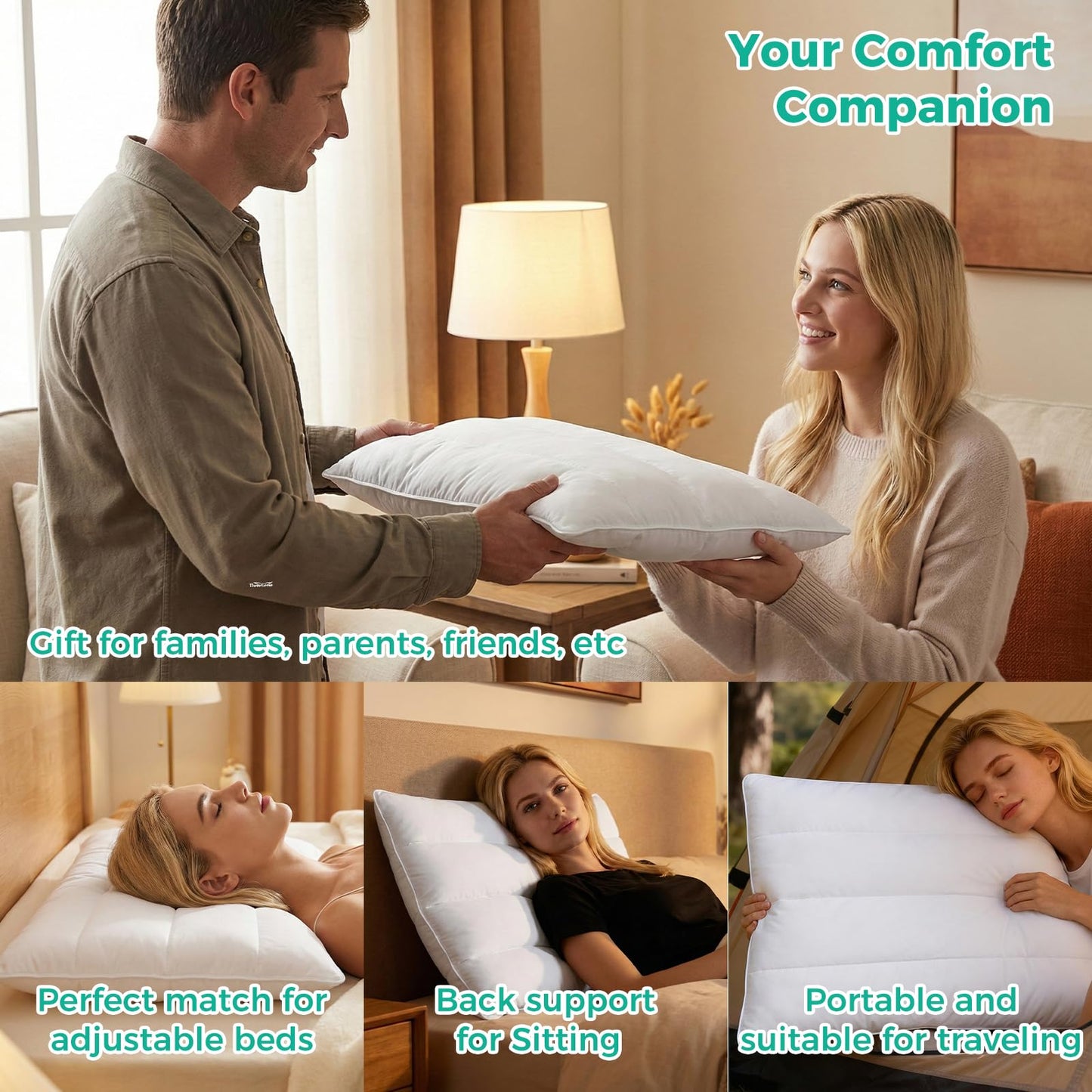 Three Geese Luxury Natural Flat Thin Goose Feather Down Pillows Standard Size, 2.5" Height, 100% Organic Cotton Cover, Medium Firm Hotel Collection Ultra Slim Thin Bed Pillows, Machine Washable