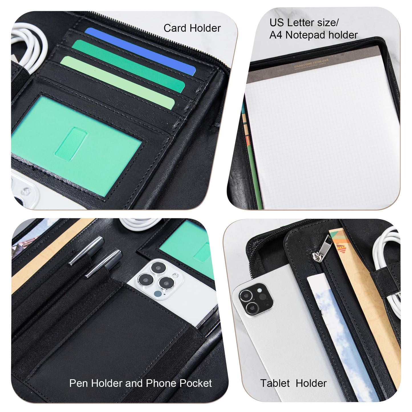 Calfinder Leather Padfolio with Zipper, Professional Business Padfolio for Women,Leather Portfolio for Men,Portfolio Binder for Ipad,Document and Resume,Gift for Valentine's Day