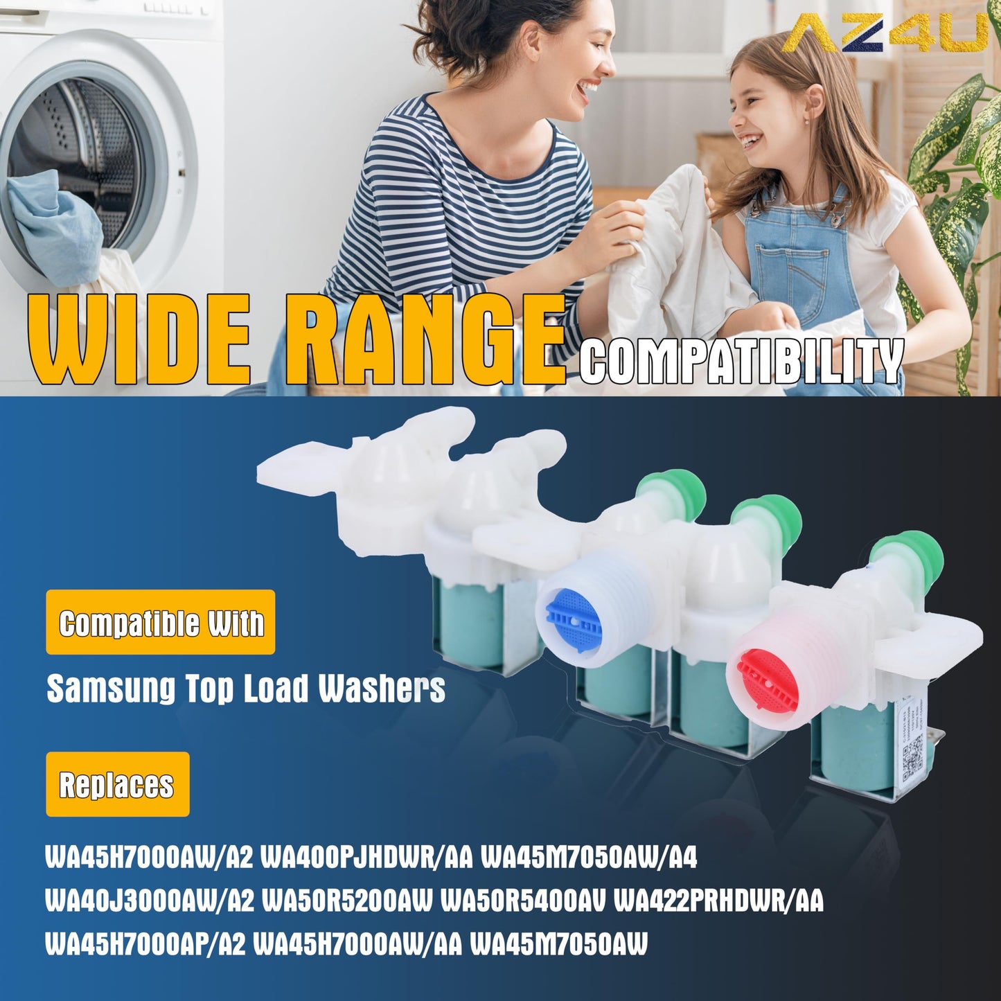 AZ4U Washer Water Inlet Valve Replaces For Samsung WA45H7000AW/A2 WA400PJHDWR/AA WA45M7050AW/A4 WA40J3000AW/A2 WA50R5200AW WA50R5400AV WA422PRHDWR/AA WA45H7000AP/A2 WA45H7000AW/AA WA45M7050AW Top Load