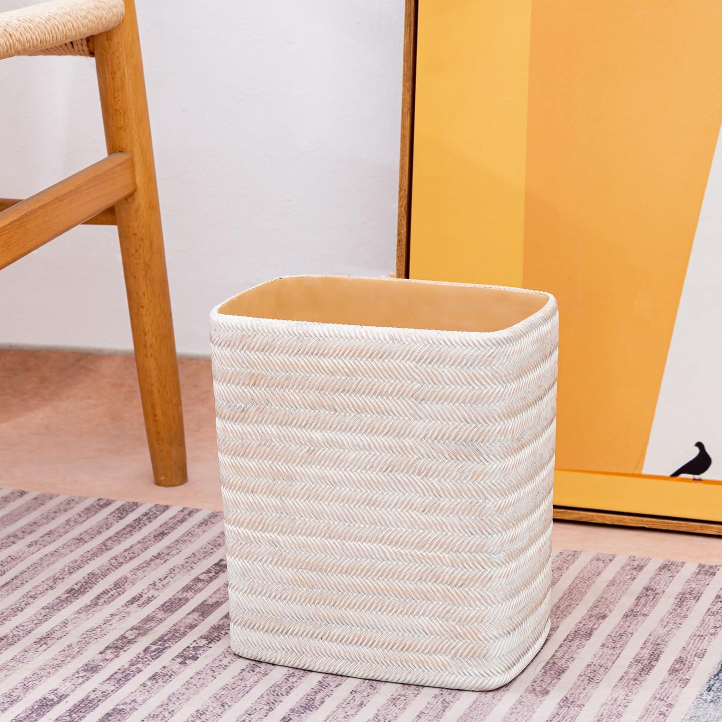Polytree Bathroom Trash Can 1.8 Gallon Small Kitchen Garbage Can,Decor Wastebasket for Bedroom Office,Resin Hand-Carved Bamboo Wicker,Farmhouse White