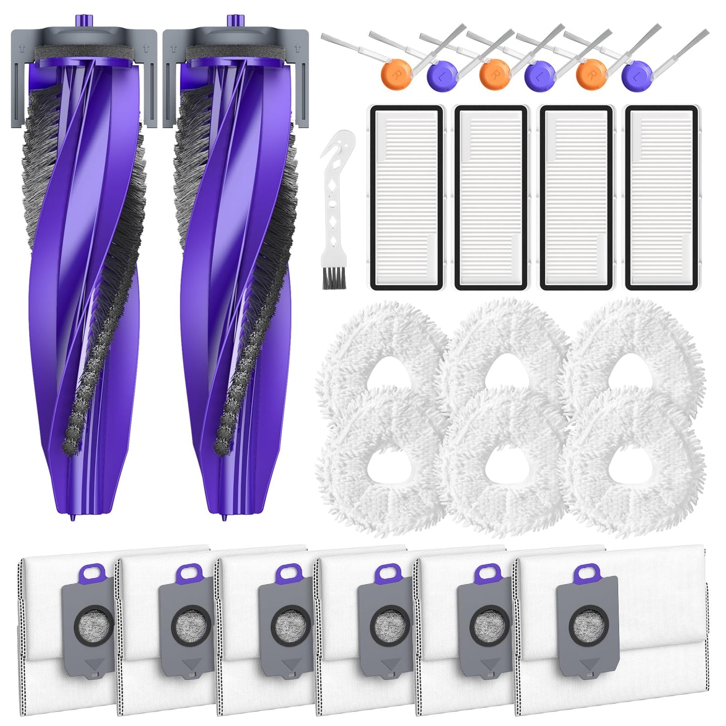 25-Pack Freo Z10 Replacement Parts Accessories for Narwal Freo Z10 / Freo Z10 Ultra Vacuum Cleaner, Include 2 Roller Brushes, 6 Side Brushes, 4 Filters, 6 Mop Pads, 6 Dust Bags and 1 Cleaning Brush