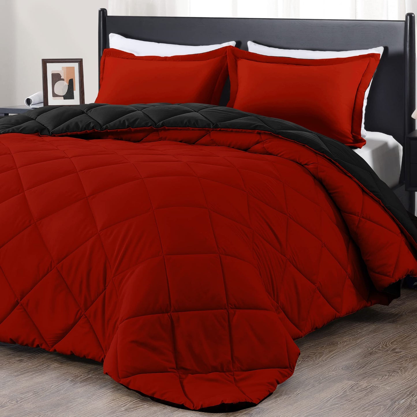 downluxe California King Comforter Set - Red and Black Cal King Comforter Set, Soft Bedding Sets for All Seasons - 3 Pieces - 1 Comforter (104"x96") and 2 Pillow Shams(20"x36")