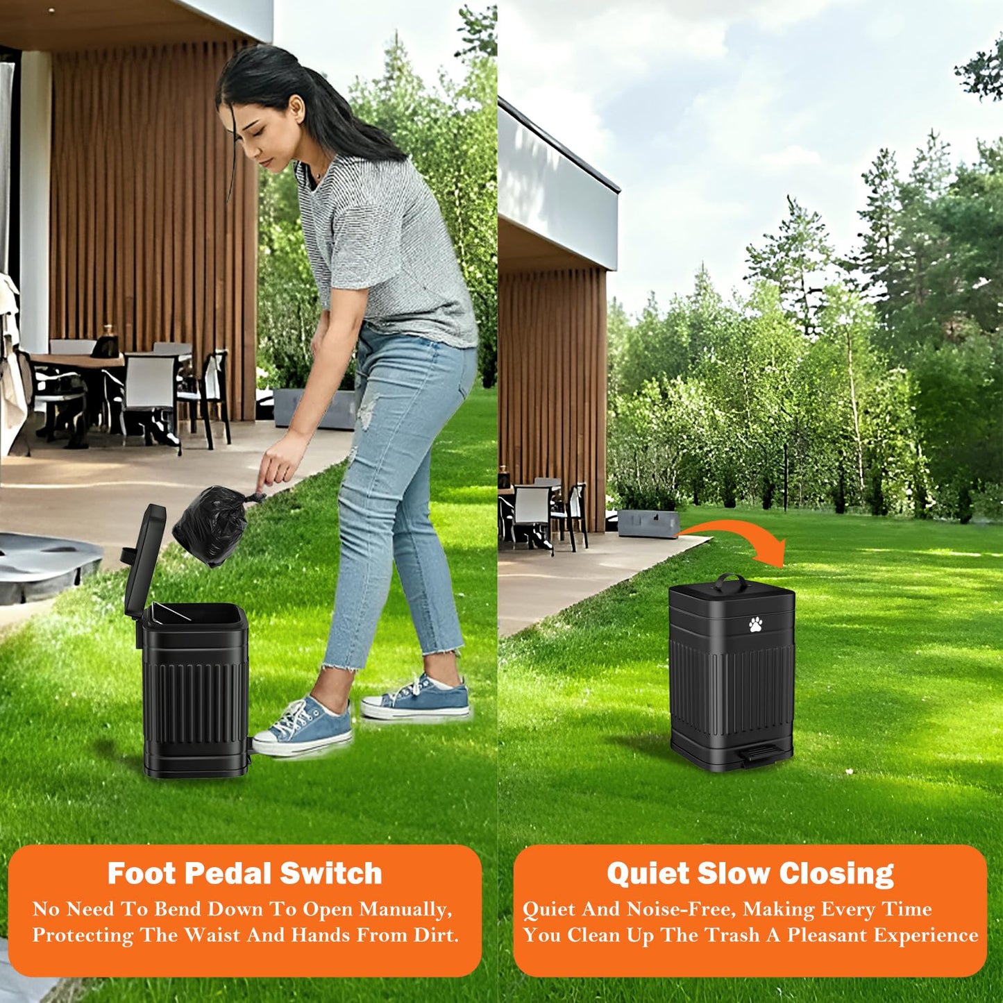 Kopuncare Dog Poop Trash Can Outside, 5L/1.3Gal Metal Dog Waste Trash Can with Lid, Foot Pedal, Pet Waste Container with 40 Bags, Poop Bucket with Lid Soft Close for Pet, Black