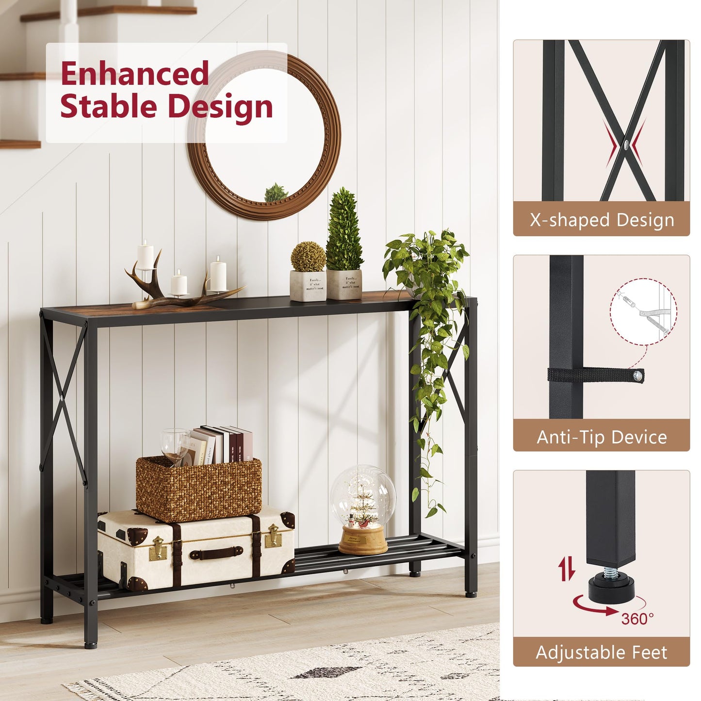 Tajsoon Console Table 41.8”, 2-Tier Industrial Entryway Table, Narrow Entrance Sofa Table with Shelves, Hallway, Living Room, Foyer, Corridor, Office, Rustic Brown and Black