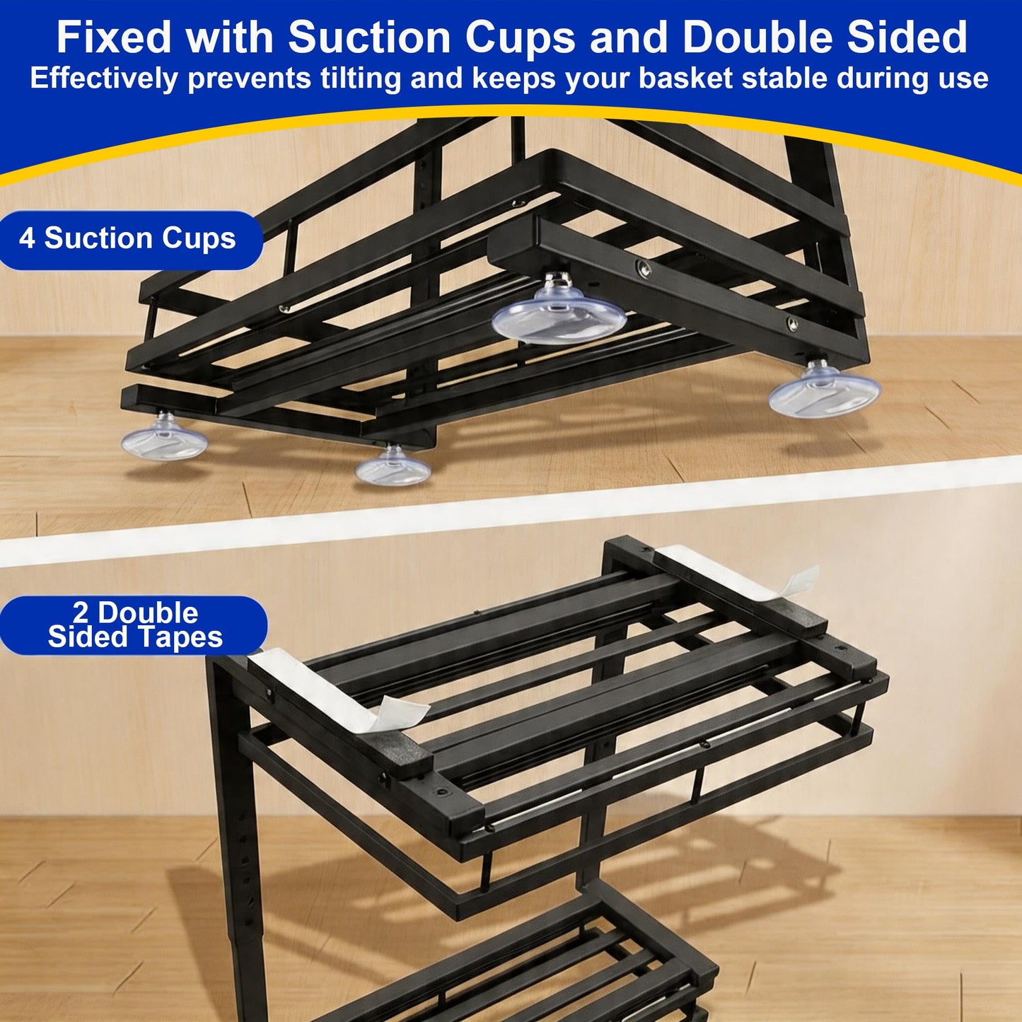 Under Sink Organizer, Dual-Rail Ball-Bearing, Under Kitchen Sink Organizer, 6-Level Adjustable, Under Cabinet Organizer, No-Drill Adhesive/Suction, Under Sink Storage (Black, Double Layer - 2 Pack)