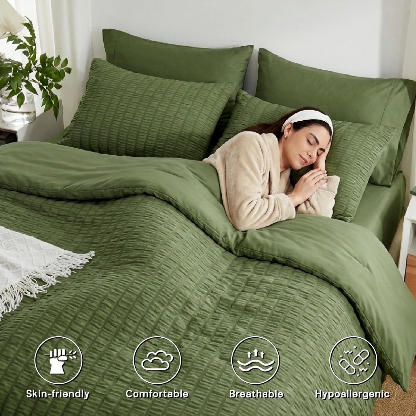 Zzlpp King Size Comforter Set 7 Pieces, Olive Green Seersucker Bed in a Bag with Sheets, All Season Bedding Sets with 1 Comforter, 2 Pillow Shams, 2 Pillowcases, 1 Flat Sheet, 1 Fitted Sheet