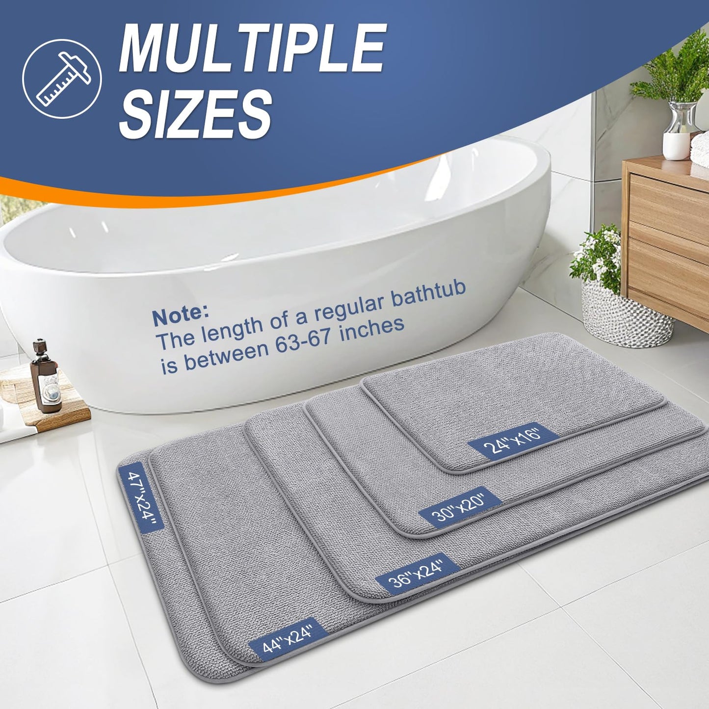 OLANLY Thick Memory Foam Bathroom Runner Rugs 44x24, Extra Soft Absorbent Long Bath Rug, Quick Dry Bath Mats, Non-Slip, Machine Washable Mat for Bathroom, Tub and Shower, Home Decor Accessories, Grey