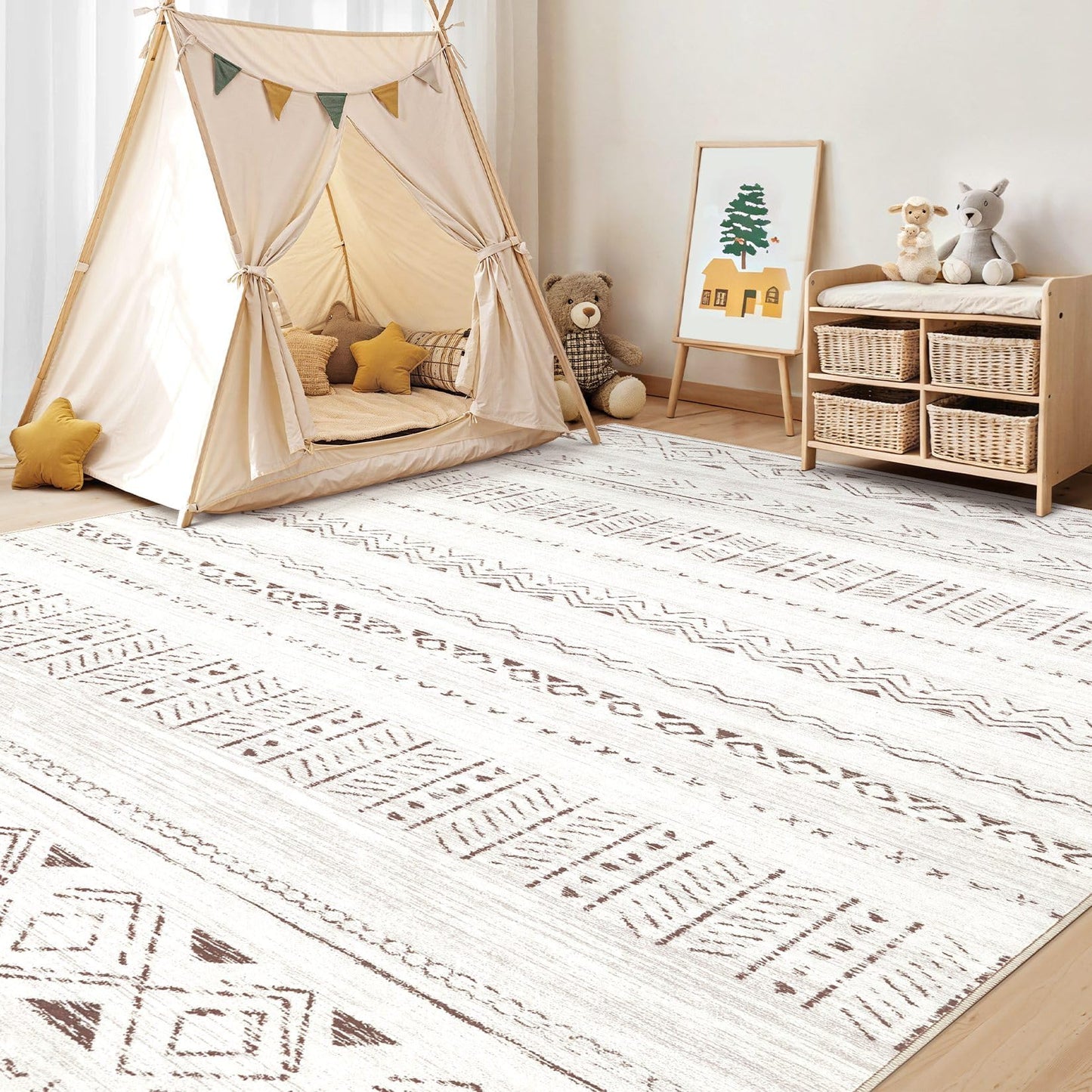 cotiled 5x7 Area Rug Living Room: Washable Boho Rugs with Non Slip Backing Large Soft Indoor Stain Resistant Carpet for Bedroom Farmhouse Dining Room Lightweight Home Decor L Brown/Cream