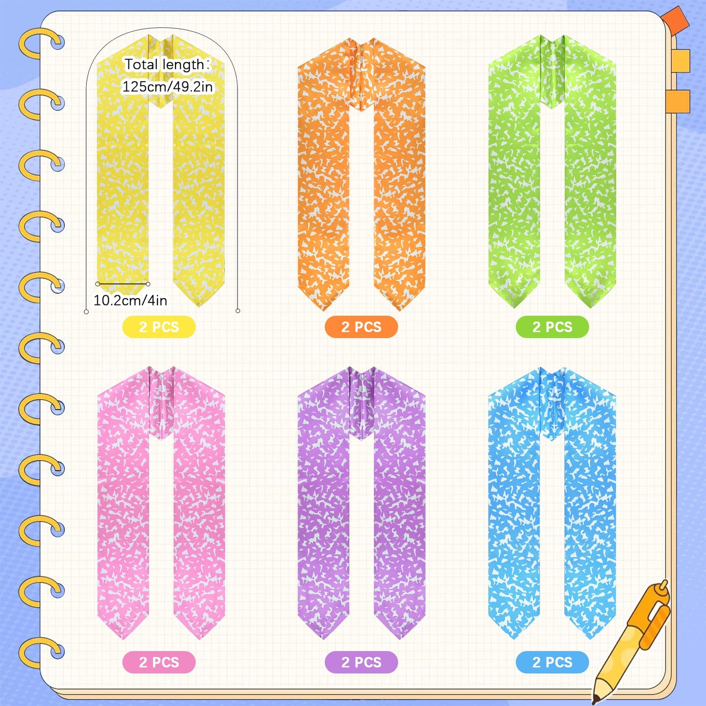 Aartner 12 Pcs Kindergarten Preschool Graduation Stole Class of 2026, Composition Notebook Graduation Satin Sash for Kids DIY Customizable Stole Graduation Gift-Colorful