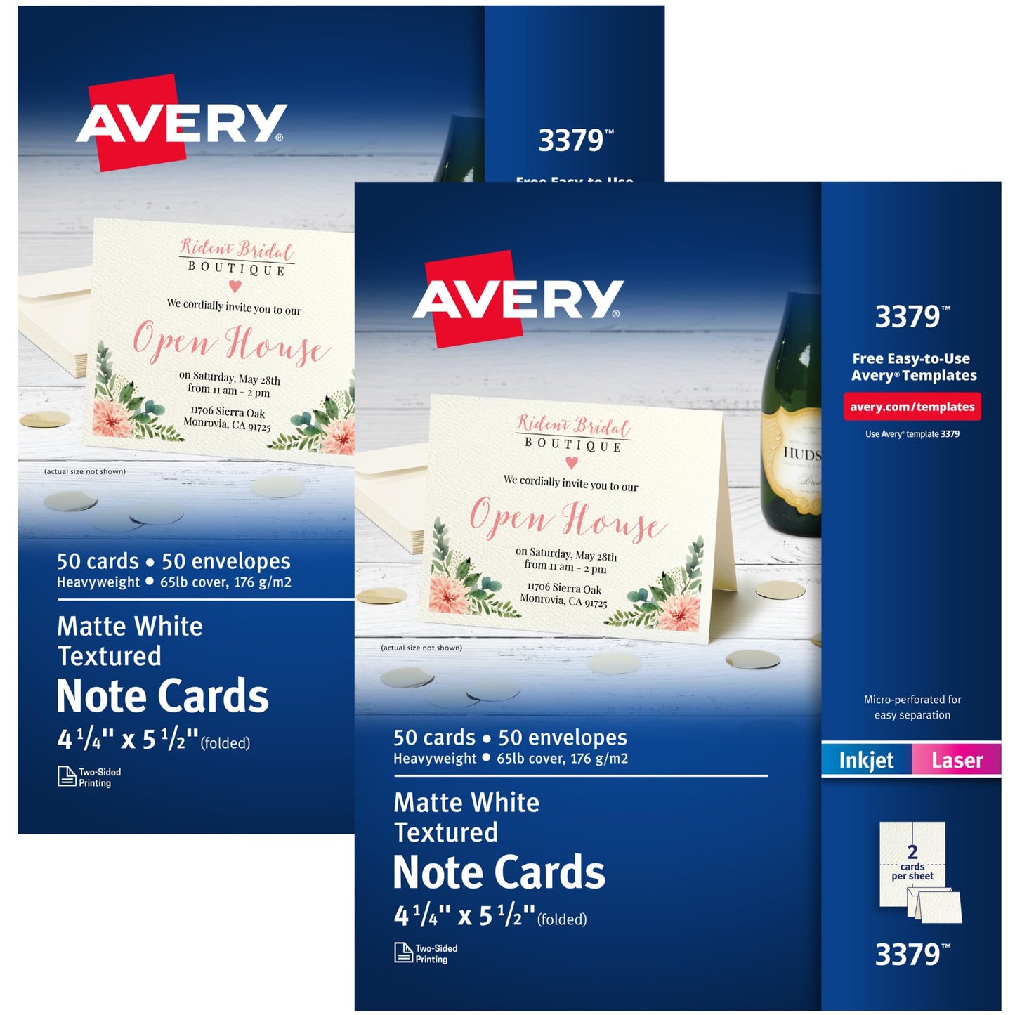 Avery Printable Note Cards, Envelopes Included, 4.25" x 5.5", Textured White, Laser & Inkjet Compatible, 50 Blank Cards per Pack, Great for Product Branding, Marketing, and More (2 Packs of 5813)