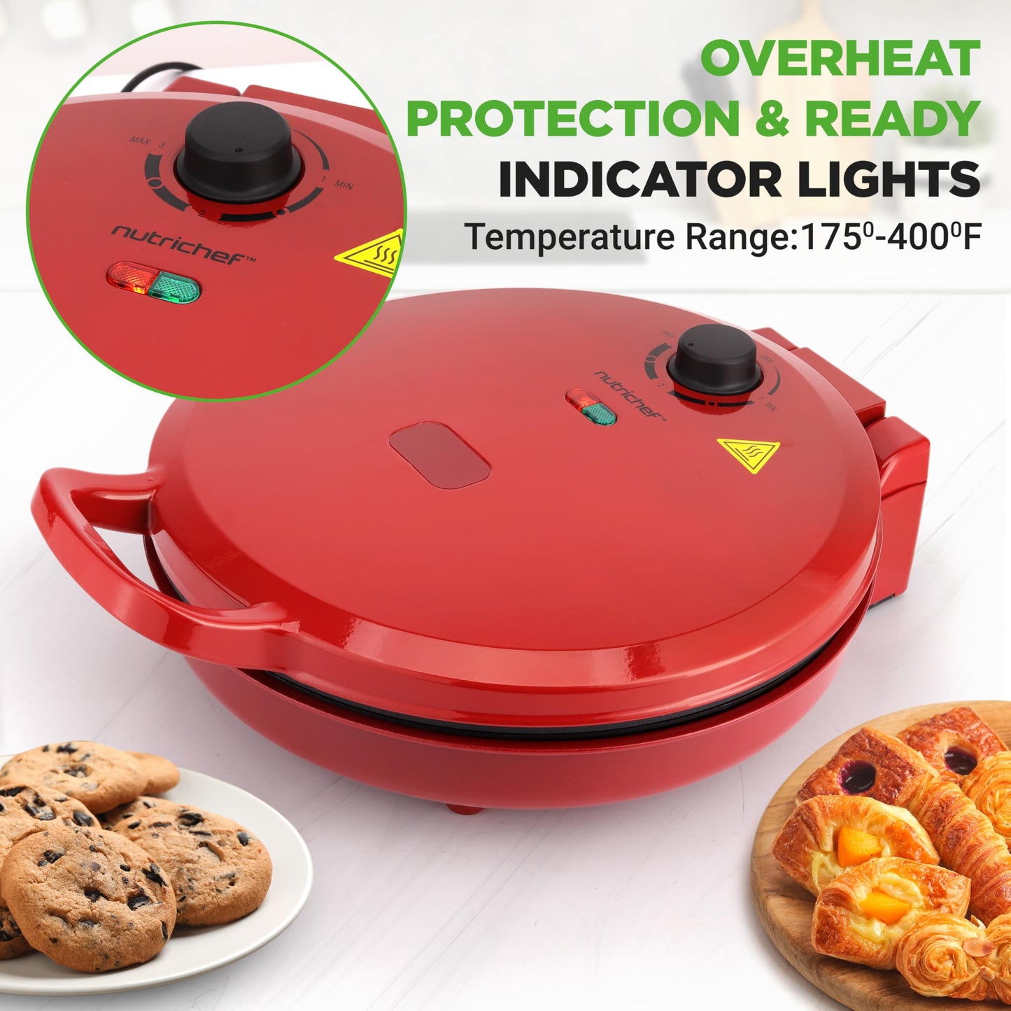 NutriChef Countertop Pizza Maker | 1500W Non-Stick Electric Pizza Cooker | Make 12" Personal Pizzas, Eggs, Toast & More | Cool-Touch Handles, Compact & Space-Saving | Temp Range 175-400°F | Red