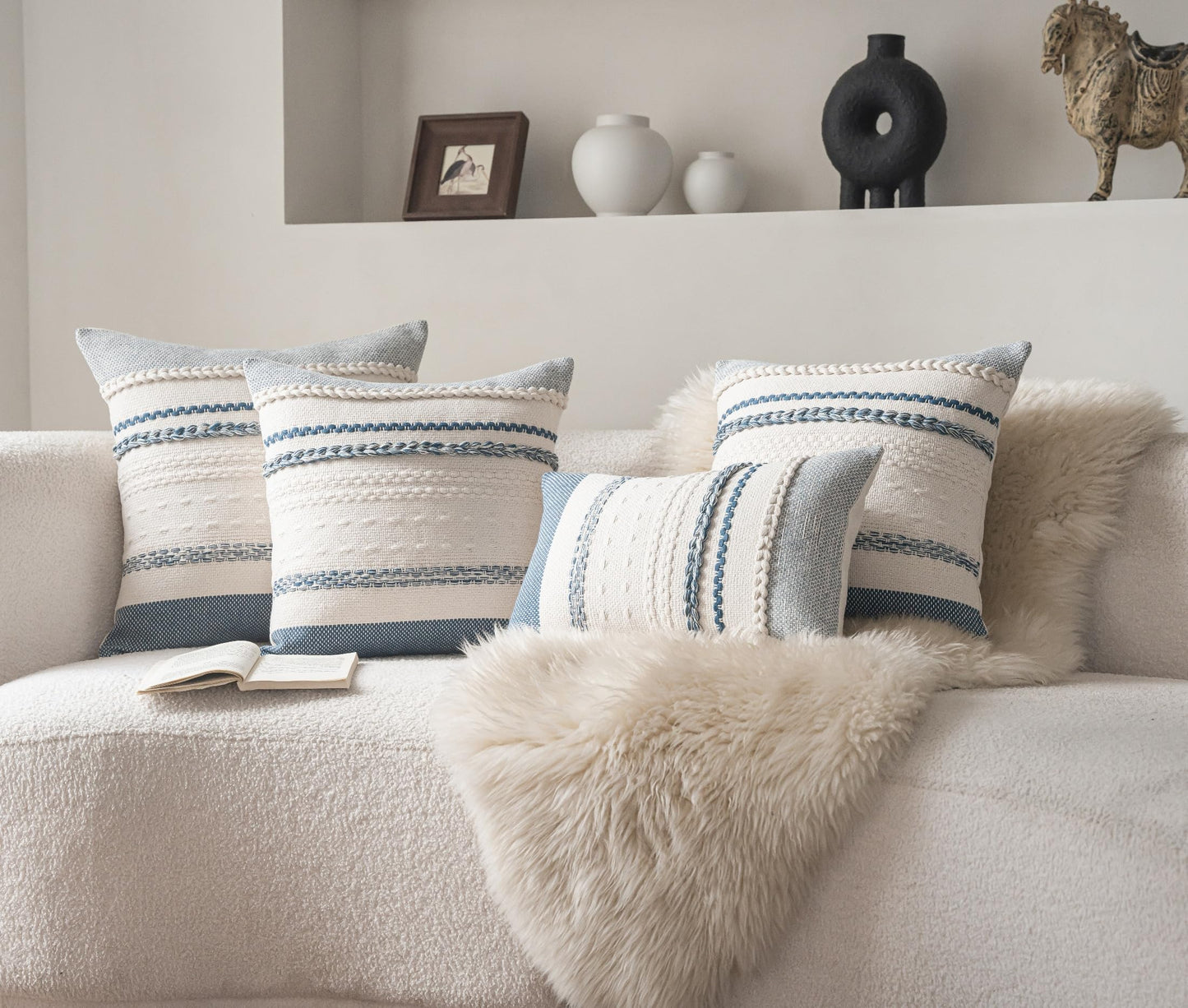 Cethom Boho Throw Pillow Covers 18x18 Inch Set of 2, Blue Textured Decorative Couch Pillow Cases for Farmhouse Home Decor, Accent Cushion Cover for Sofa, Bed, Living Room, Bedroom